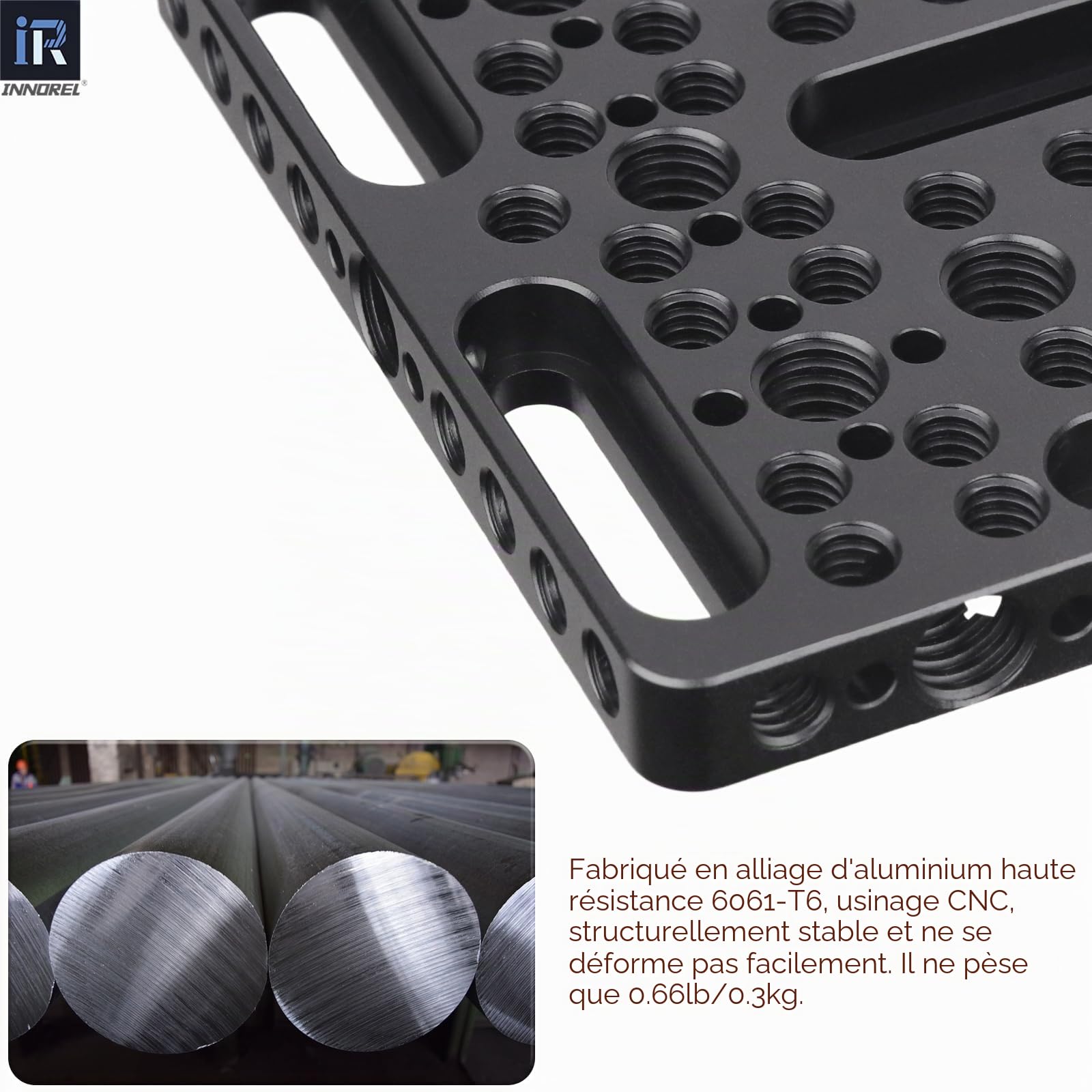 INNOREL CP10 Plateau à fromage multifonction avec filetage de 6,35 mm et 9,5 mm, plaque de montage avec trous de localisation ARRI intégrés pour appareil photo et trépied
