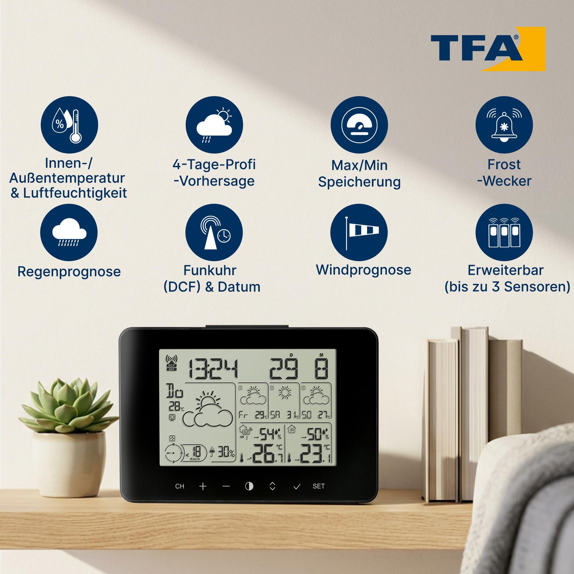 TFA Dostmann Wetter Info Center METEOTIME PRIMO, 35.1156.01, Wetterstation, für 90 Wetterregionen in Europa, mit Regenwahrscheinlichkeit, Windstärke, schwarz
