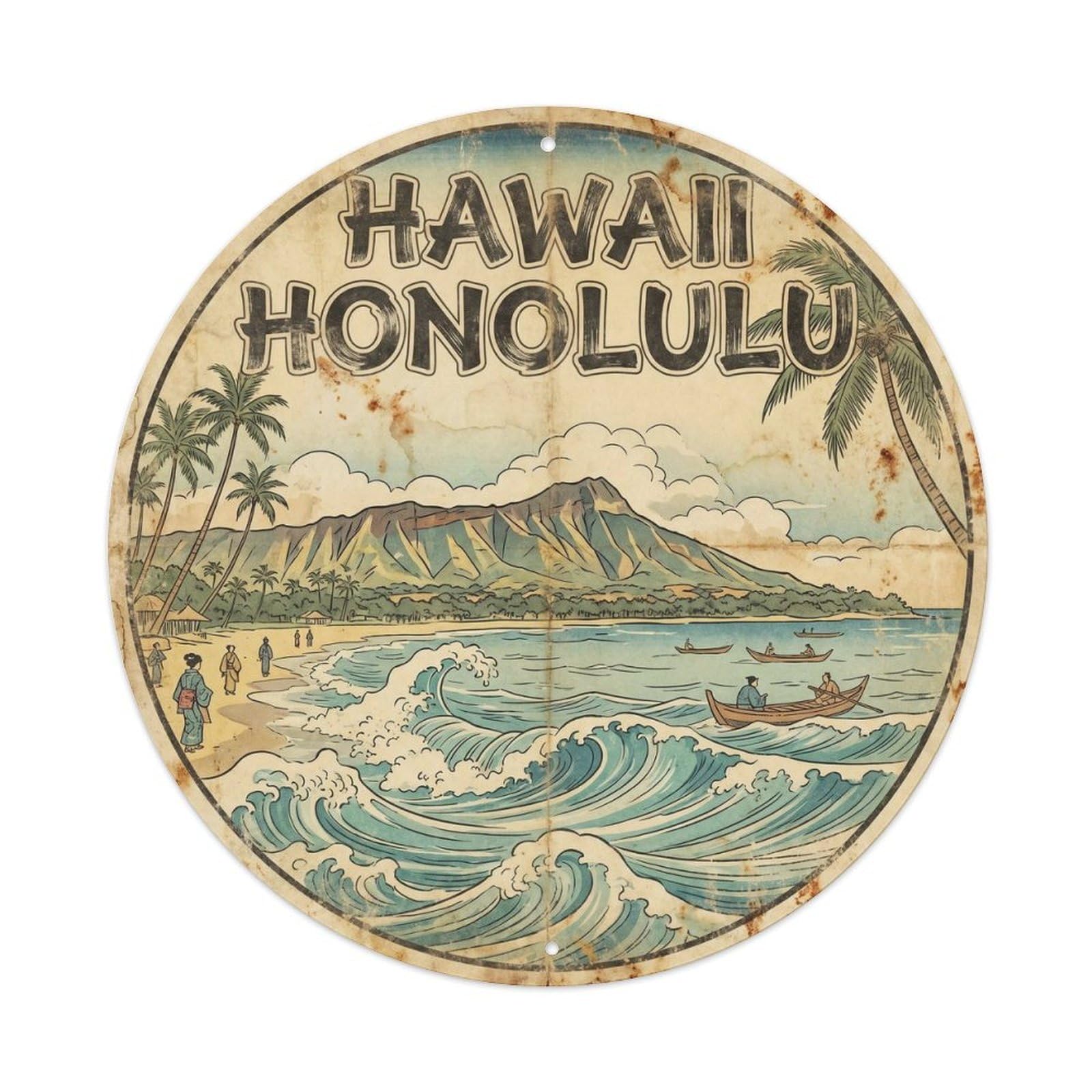 Hawaii Honolulu Surf Coast Ink Illustration Metal Tin Sign