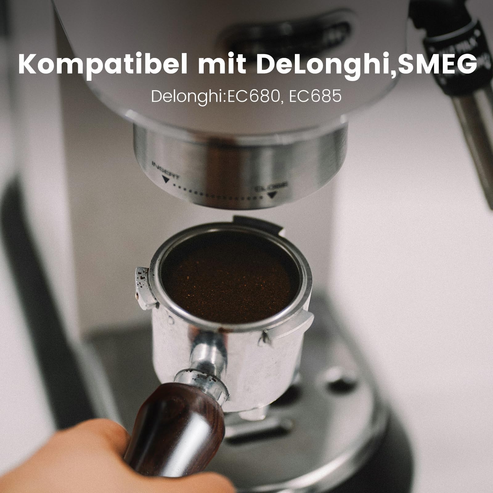 Siebträger 51mm Doppelauslauf für Delonghi Dedica EC680/ EC685, 3 ohren, mit Sieb Entfernungshilfe, Holzgriff, 2 Tassen Edelstahl Filterkorb