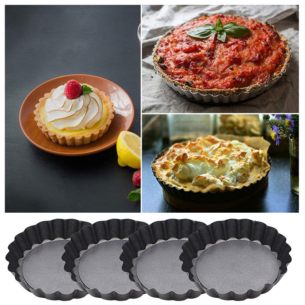 4 Pack Carbon Steel Non-Stick Fluted Baking Tray with Loose Bases, Round Mini Fruit Tart Tartlet Cake Pastry Baking Tray, 10cm (10cm)