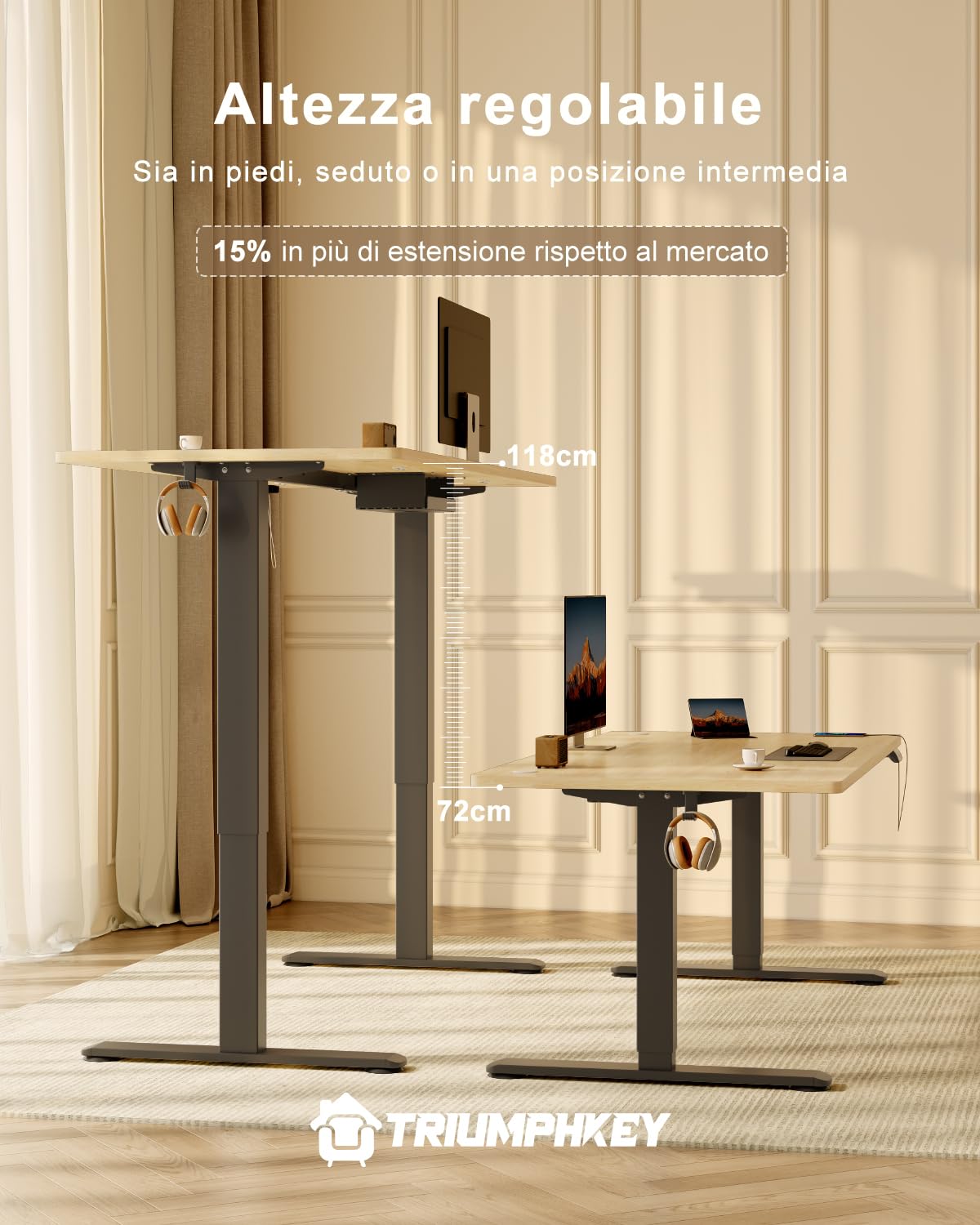 TRIUMPHKEY Scrivania Elettrica Regolabile in Altezza 140 x 70cm,Presa USB,3 Controllo Memoria,Scrivania da Ufficio e Casa, Standing Desk