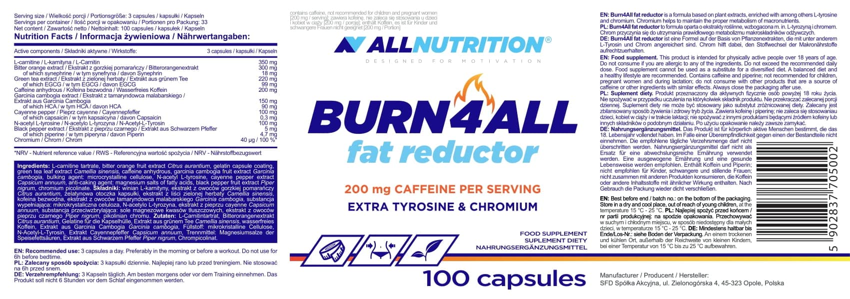 ALLNUTRITION Burn4all Fat Reductor L-Carnitin Sehr effektiver Körperfettabbau Bietet Energie Hemmt den Appetit Nahrungsergänzungsmittel Ohne Zusatzstoffe 100 Kapseln 33 Portionen