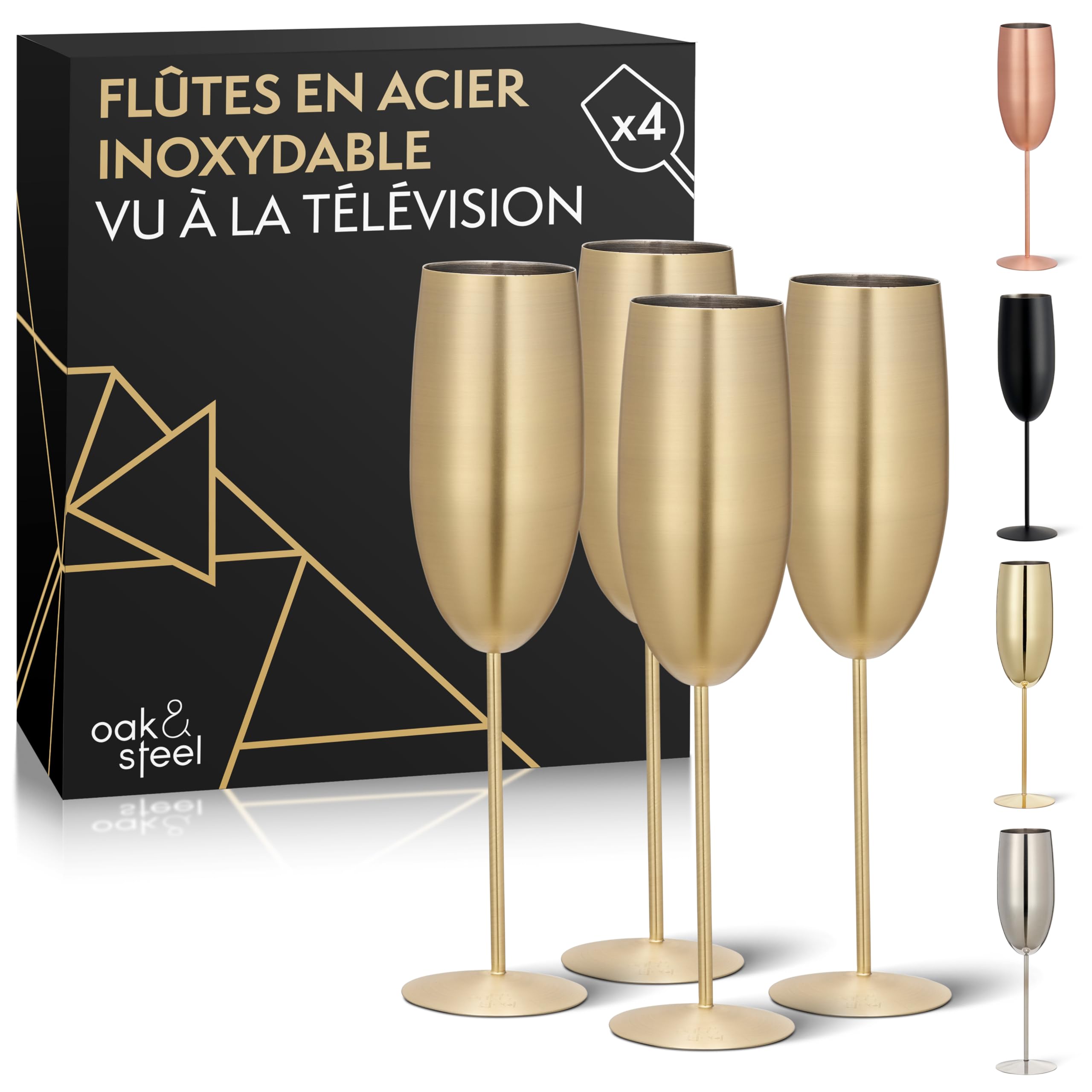 Oak & Steel - 4 Flûtes À Champagne En Acier Inoxydable Avec Boîte Cadeau, Or Mat - 284 Ml