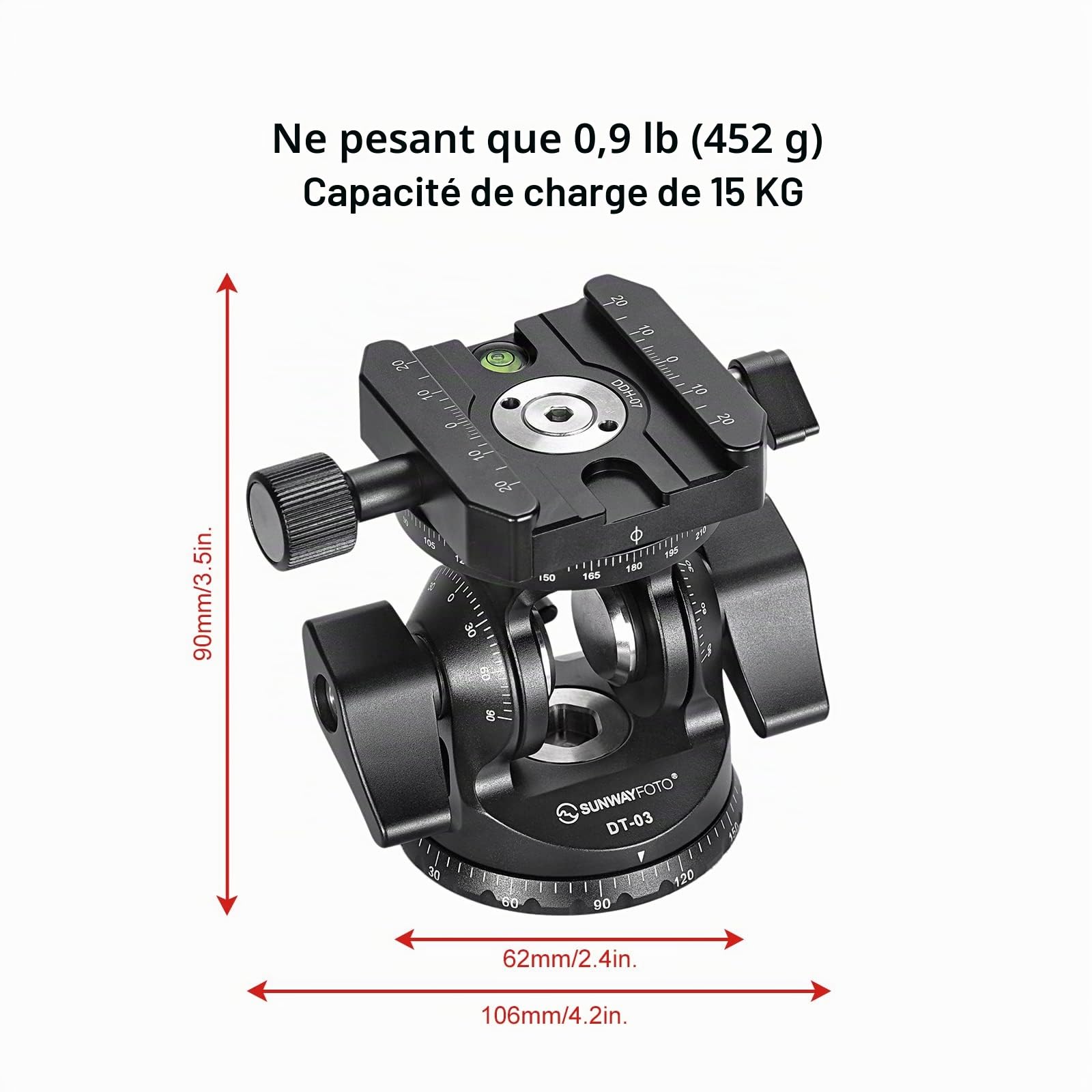 SUNWAYFOTO DT-03R Tête inclinable bidirectionnelle pour monopode et trépied avec pince rotative panoramique Capacité de charge 6,8 kg