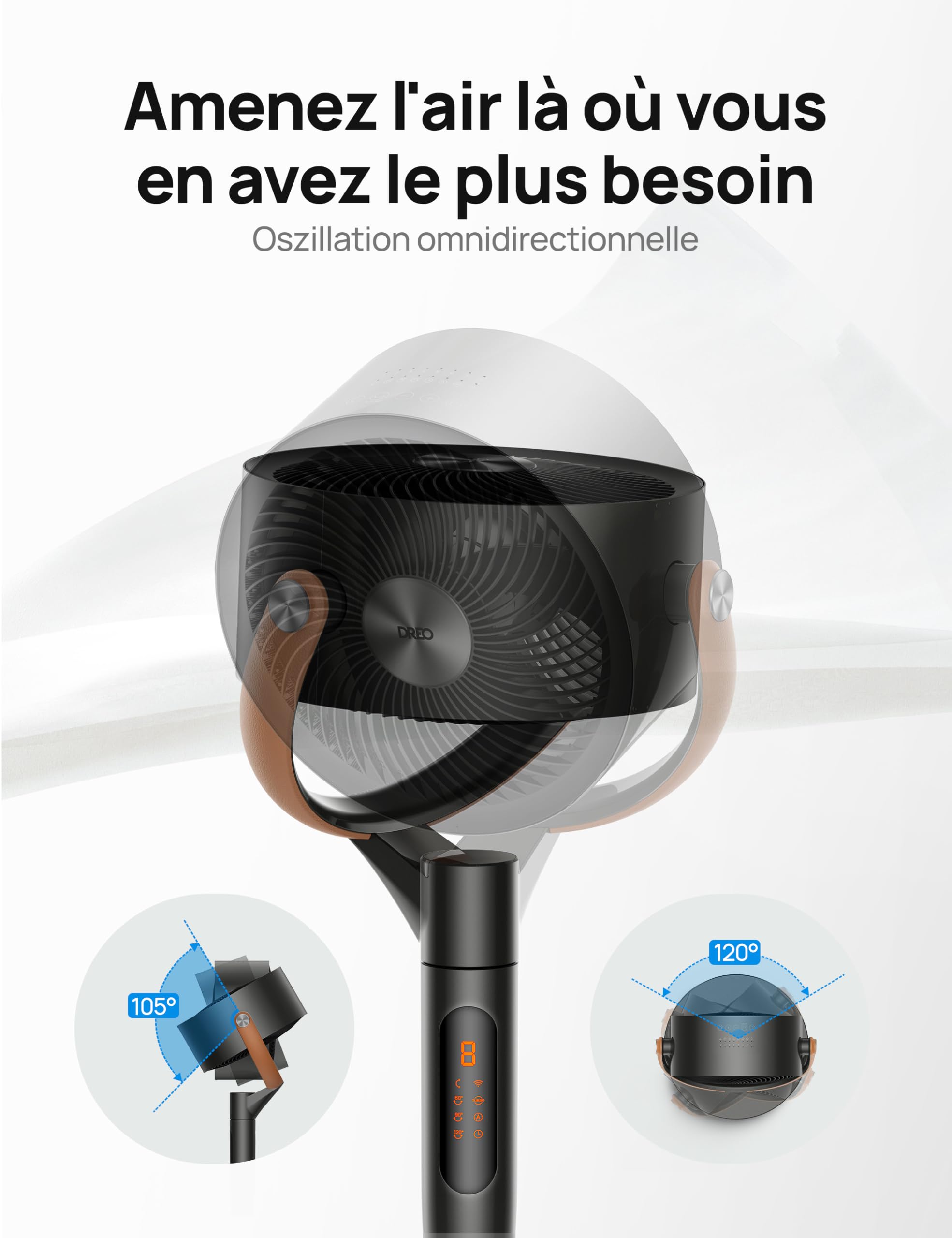 DREO Smart Ventilateur sur Pied 25dB Silencieux, Flux d'air 7.5 m/s, Portée de 30 m, Oscillation à 120° + 105°, avec Télécommande, 6 Modes, 8 Vitesses, Minuterie 12 h, Compatible avec Alexa, Noir