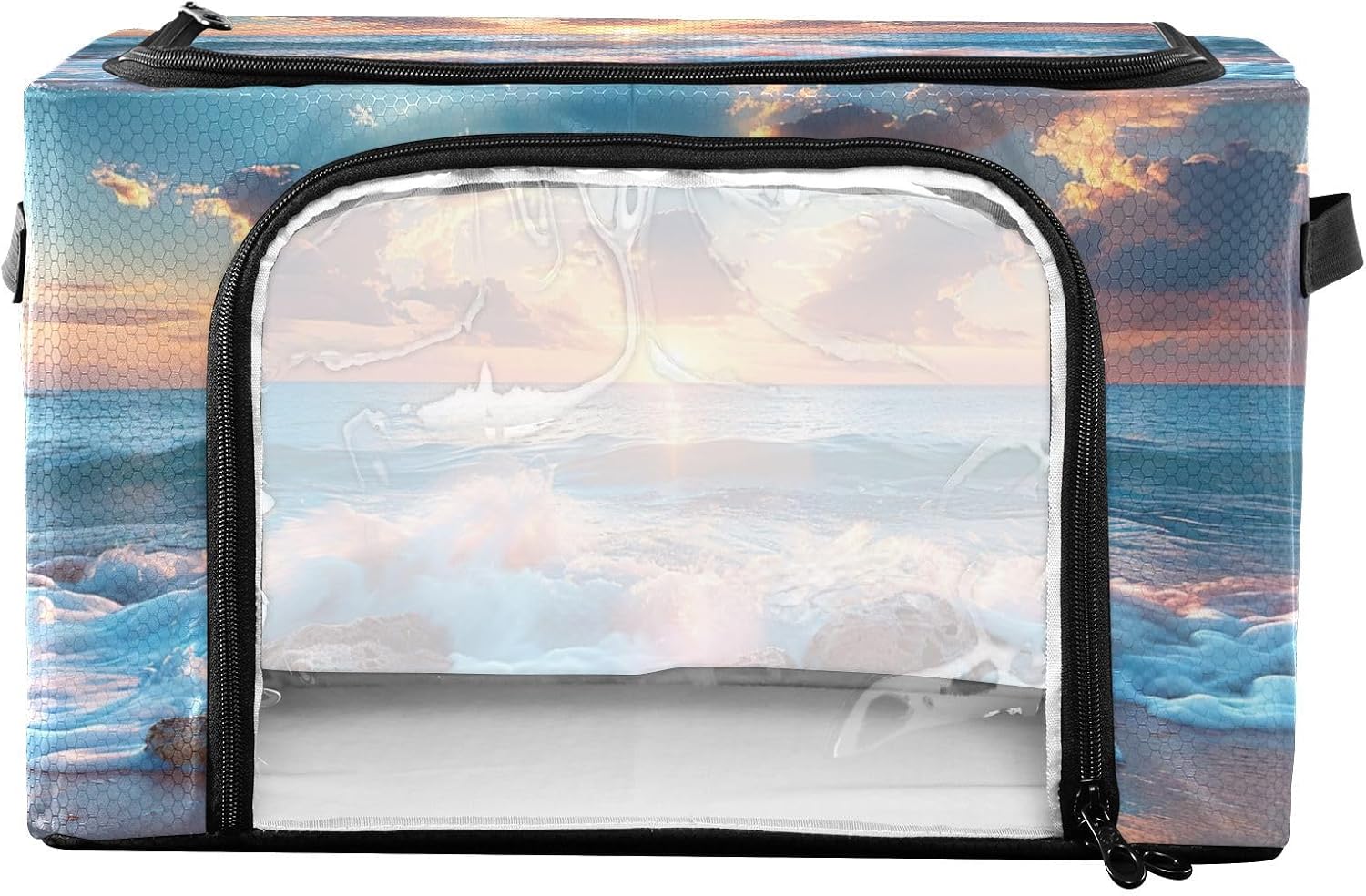 Beautiful Seascape Clothes Storage, Foldable Closet Organizers and Storage, Bed Sheet Organizer and Storage with Lids & Clear Windows Metal Frame, and Sturdy Handles 32L