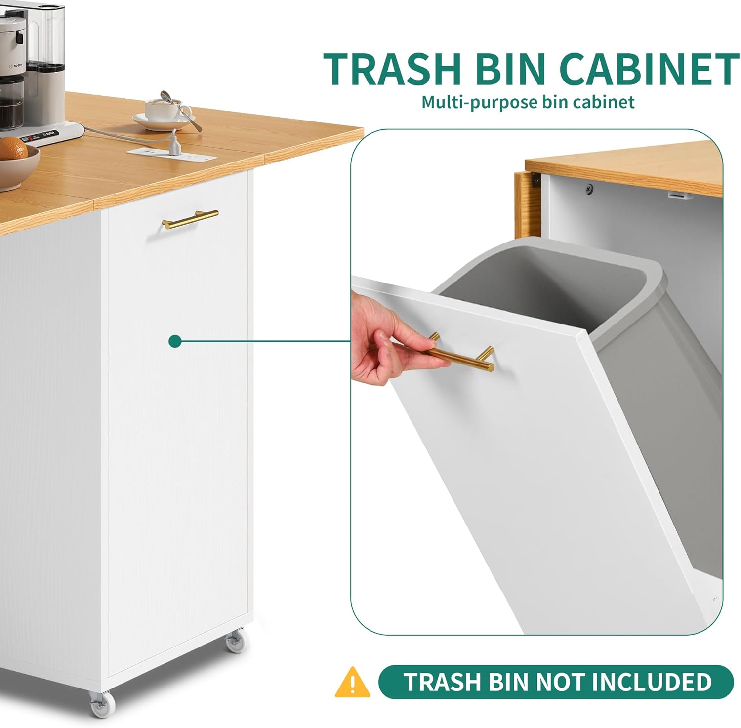 YITAHOME Kitchen Island with Drop Leaf, Folding Extendable Dining Table with Power Outlet, Space Saving Mobile Storage Islands with Trash Can Cabinet Fit 10-Gal Garbage Bin, Yellow Oak