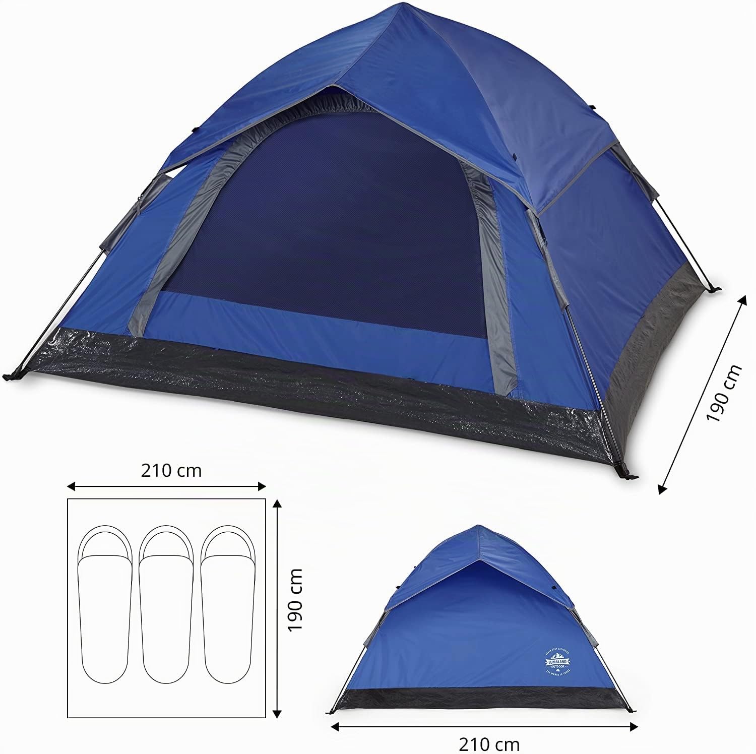 Lumaland Tienda de campaña desplegable | Tienda de campaña para 2-3 Personas 215 x 195 x 120 cm | Tienda de campaña iglú para 4 Estaciones | Tienda de campaña para Senderismo y Festivales al Aire