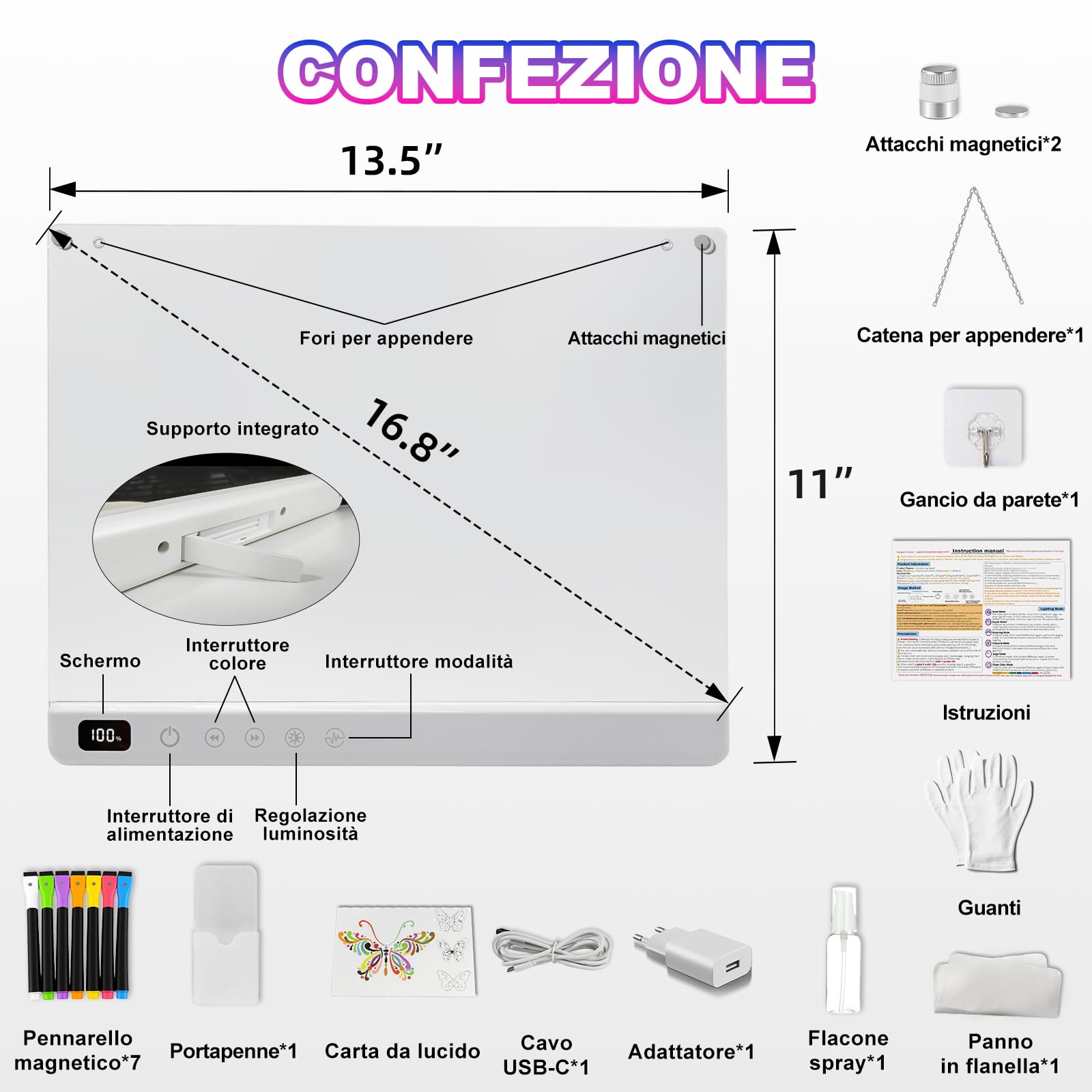 Lavagna luminosa a LED per bambini con 13 effetti luminosi, lampada da disegno ricaricabile a LED per bambini 35 * 25 cm, tablet da disegno con luce al neon Regali per Natale Regali di compleanno