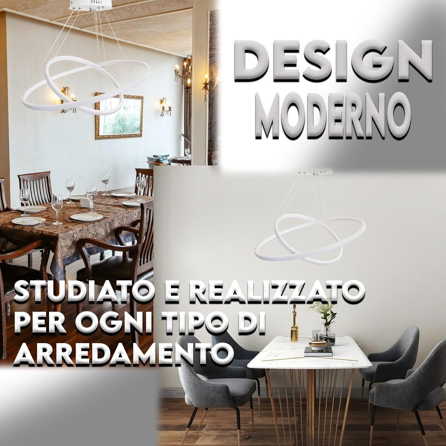 MAKA Lampadario a Sospensione LED | 60W 6540 Lumen Bianco 220V | 2 Cerchi Luce Fredda 6500K | Cavi Regolabili, Facile Installazione | Lampadario Camera da Letto, Soggiorno, Cucina