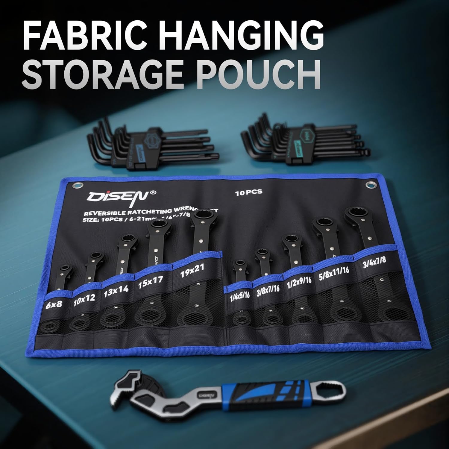 DISEN 10-Piece Double Offset Box End Reversible Ratcheting Wrench Set, SAE (1/4-7/8 inch) & Metric (6-21mm) Heavy Duty Ratcheting Wrench Set for Narrow Space, Rolling Pouch