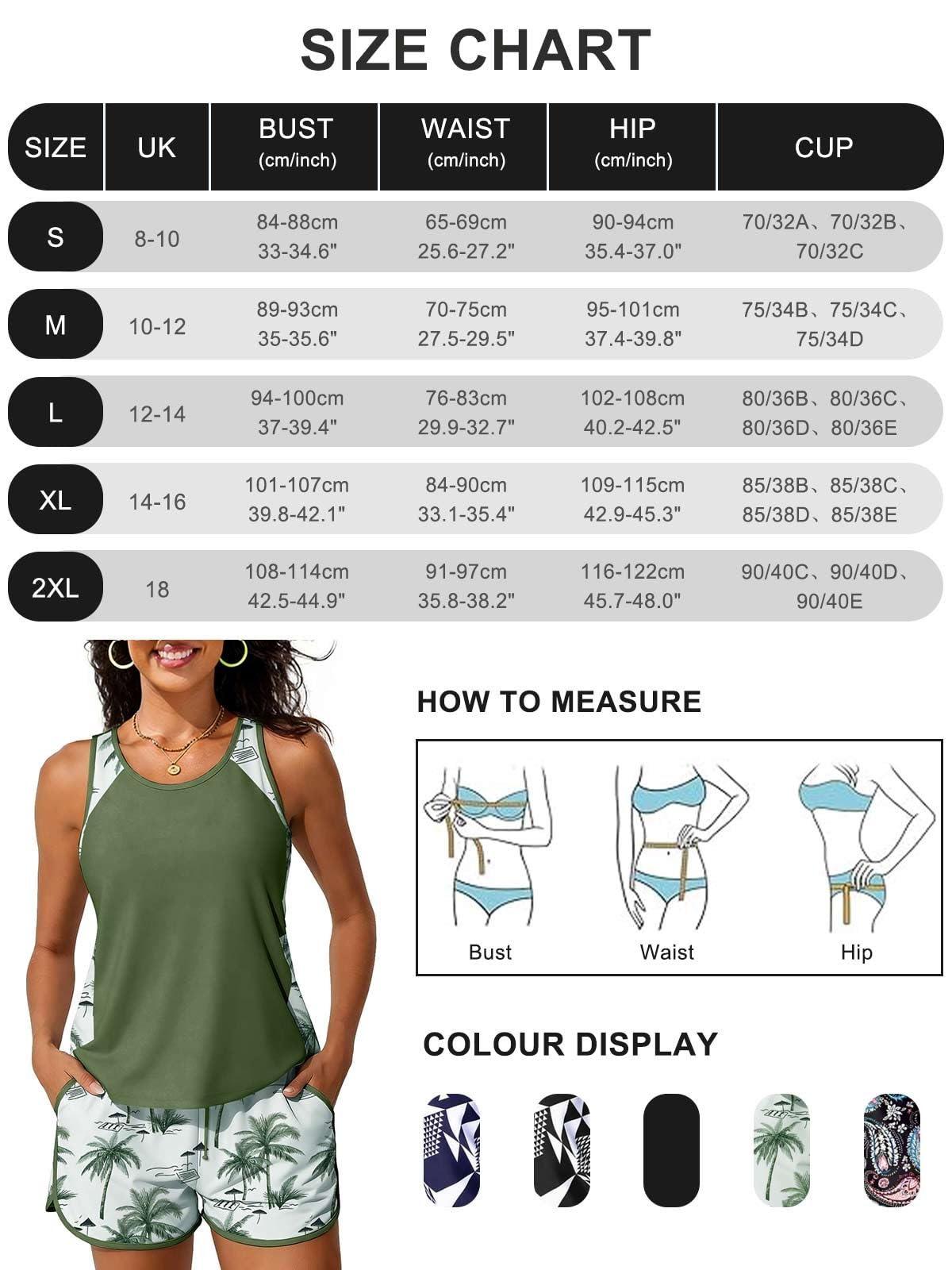 Yutdeng Tankini Maillot de Bain Femme 2 Pieces Shorty Taille Haute Tankini Femme Ventre Plat Maillots de Bain Deux Pièces Push Up Rembourré Maillots Deux Pièces Imprimé Swimwear Sport à Cordon Poches