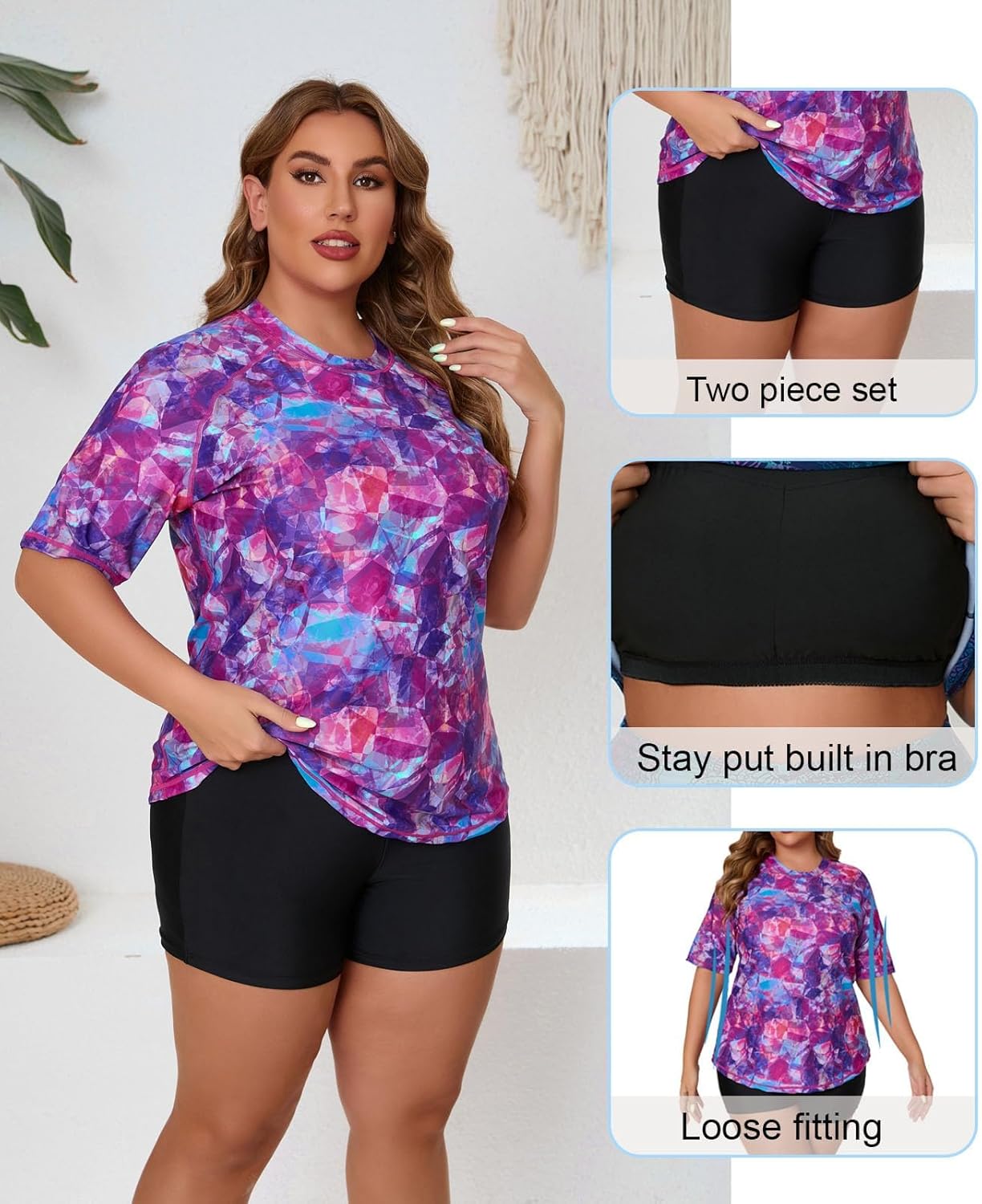 Women's Plus Size Short Sleeve Rash Guard with Built in Bra UPF50+ Swim Shirt and Shorts Two Piece Swimsuit - Image 5