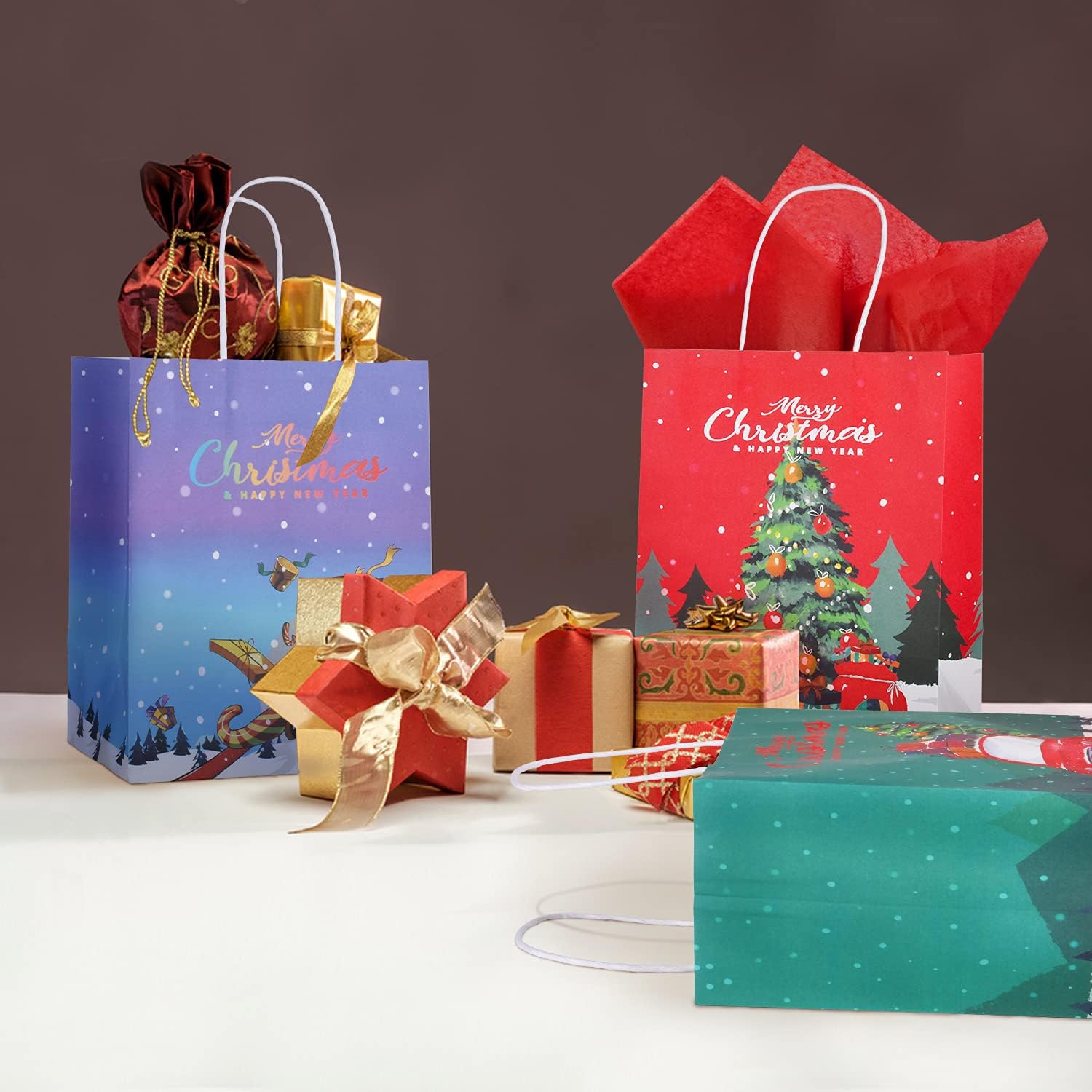 Flash Deals - 40% OFF Gatherfun Christmas Natural Kraft Paper Gift Bags with handles and Tissue Paper for Merry Christmas Party Decorations，3 Designs, 15 Pack, 8X5.3X10inch