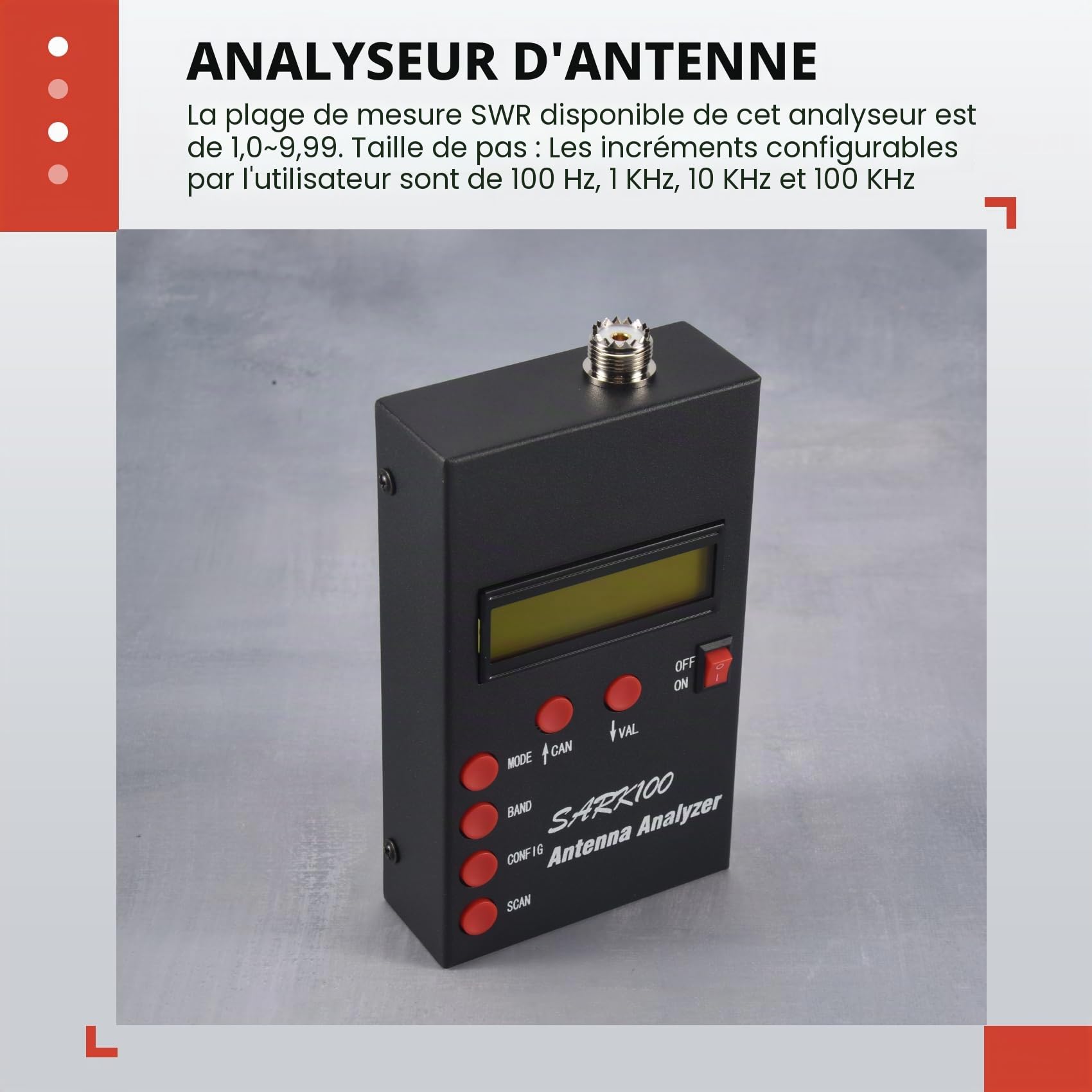 Analyseur D'Antenne SARK100 Analyseur D'Antenne SWR à Ondes Courtes 1-60 MHz avec Plage de Mesure Utilisable de 1.0 à 9.99 SWR