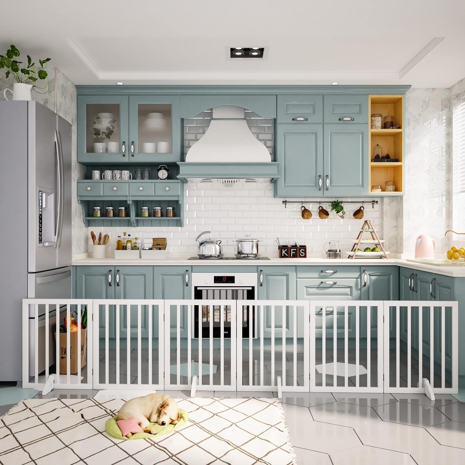 Wooden Freestanding Foldable Pet Gate for Dogs, Over Fence, Dog Partition for Your pet and Baby Protection (6-Panel White)