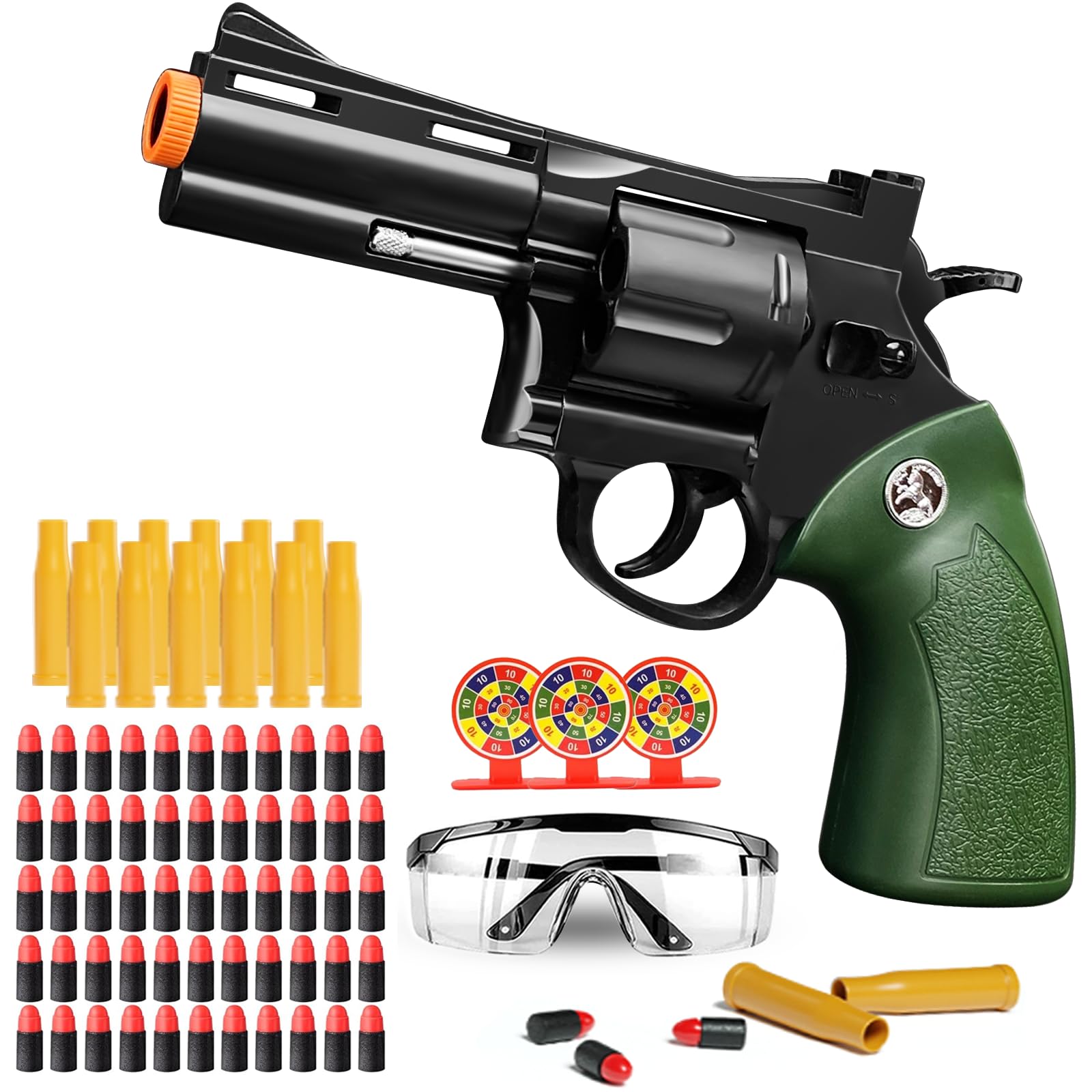 Toy Revolver Gun Shell Ejecting Toy Gun, Toy Gun Pistols with 80 Soft Bullets, 12 Shells, 1 Goggles and 3 Targets, Educational Model Toys Shooting Games Gifts for Boys and Girls, Kids 6+ Years Old
