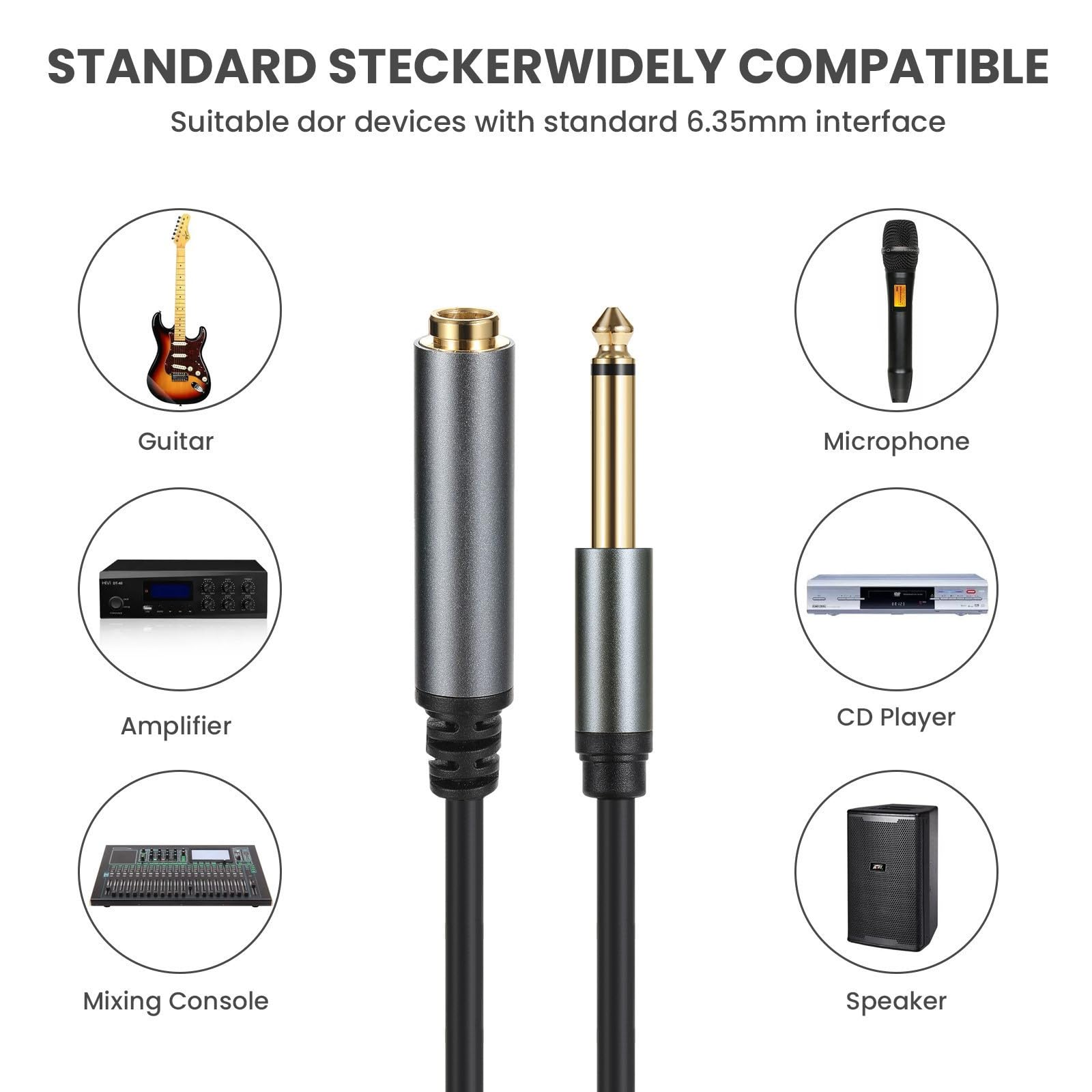 Cable de instrumento de 6,35 mm a 6,35 mm, chapado en oro, conector de audio TS mono hembra a macho para guitarra eléctrica, bajo, amplificador, altavoz, mezclador de 1,8 m (macho a hembra TS