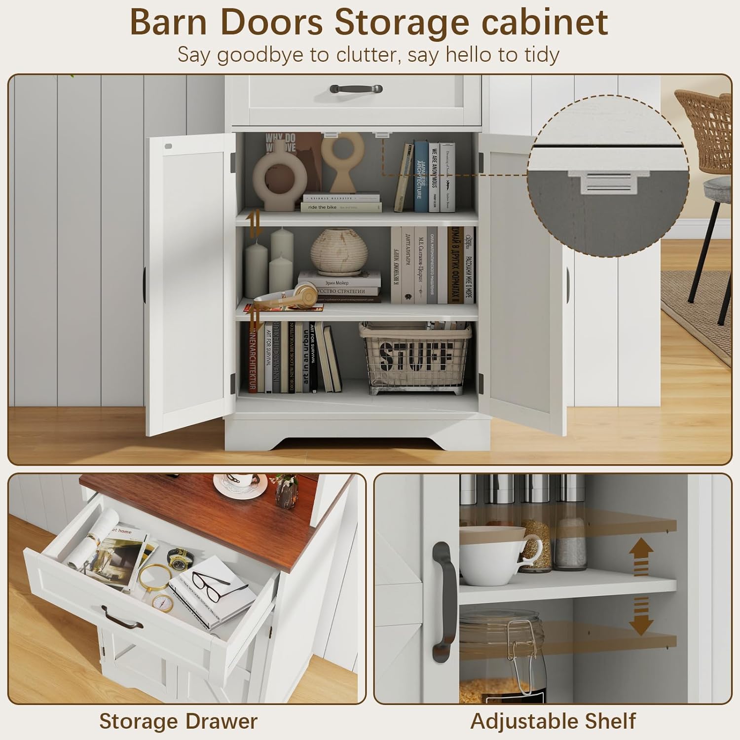 Tall Kitchen Pantry Storage Cabinet, Farmhouse Storage with LED Light & Charging Station, Large Capacity Bathroom Cabinet with Drawer, Freestanding Cupboard for Kitchen, Dining Room, Rustic White