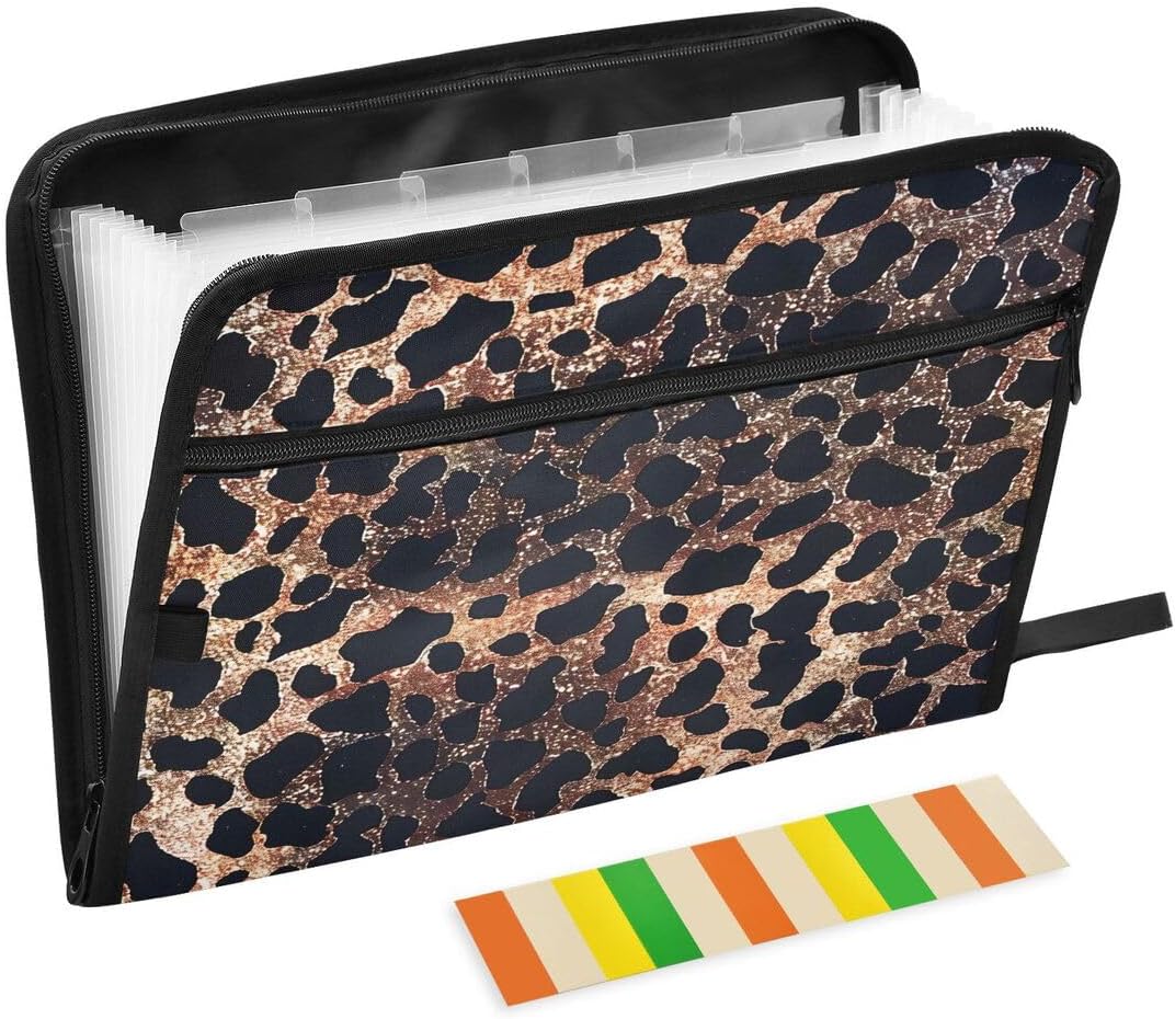 ALAZA Leopard Cheetah Print Black Brown Expandable Filing Folder Storage Organiser Box Files, 13 Pockets Zip Filing Folders for Home or Office Documents