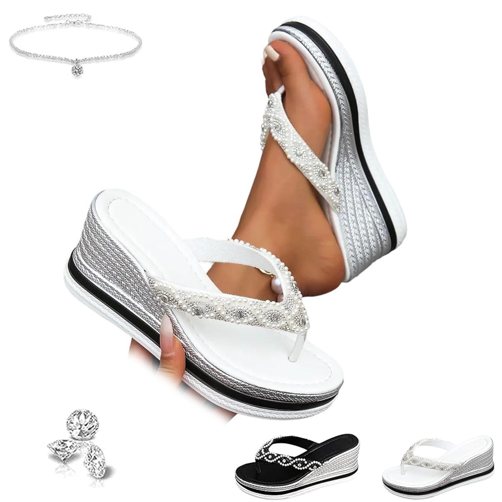 Sandali da donna con zeppa con strass, infradito da donna, casual, con punta aperta, senza lacci, con plateau, tacco a zeppa con strass, scarpe da festa di nozze