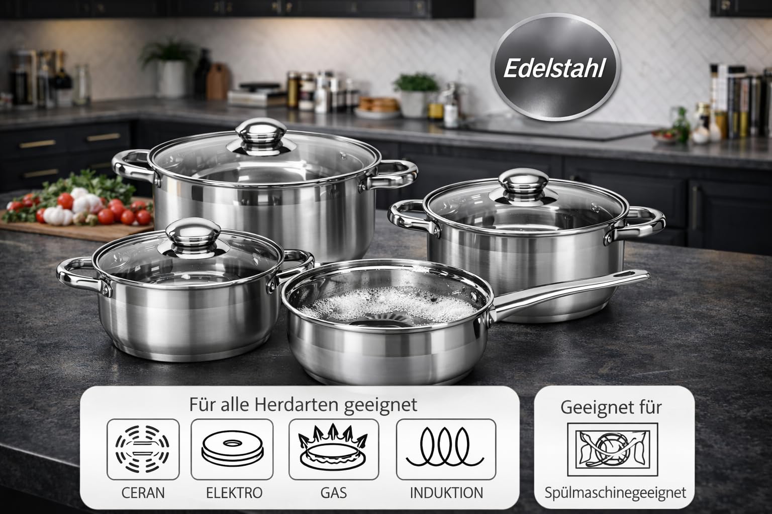 Topfset Induktion 7-teilig, Edelstahl satiniert, für alle Herdarten, Kochtöpfe mit Glasdeckel, Induktions Töpfe Set, Topf Set, Kochtopfset,