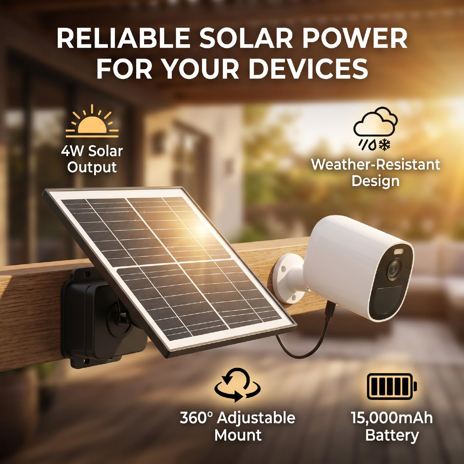 4 W Tragbares Solarpanel, 15000 MAh Eingebauter mit Typ-C-Ausgang, 5 V 1 A für Outdoor-Überwachungskameras, Smart Locks, Campingleuchten (BLACK)