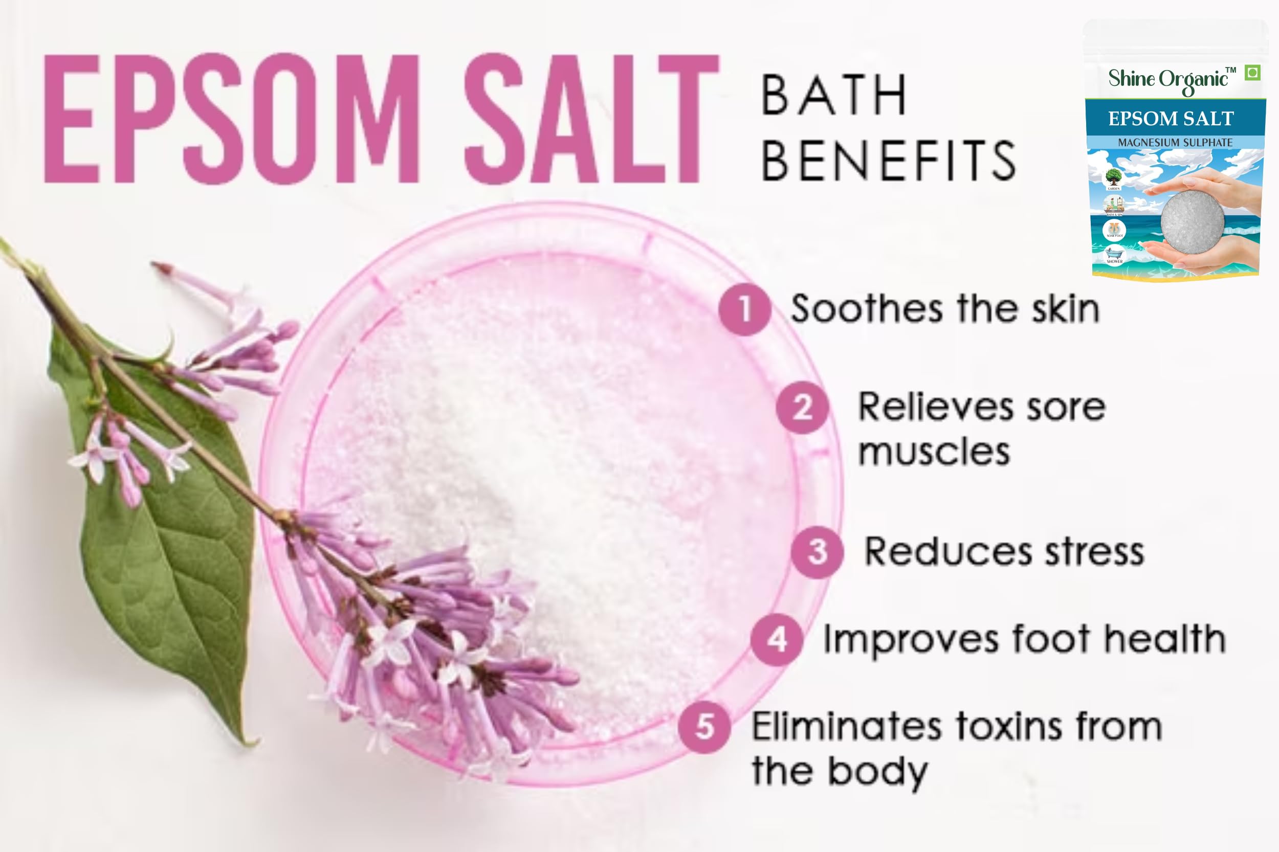 Shine Organic Epsom Salt 400gm Magnesium Sulfate Crystal for Plants, Foot Soak, Bath Detox & Stress Relief, Muscle Pain & Recovery, Relaxation, Spa & Healthy Plant Growth 2