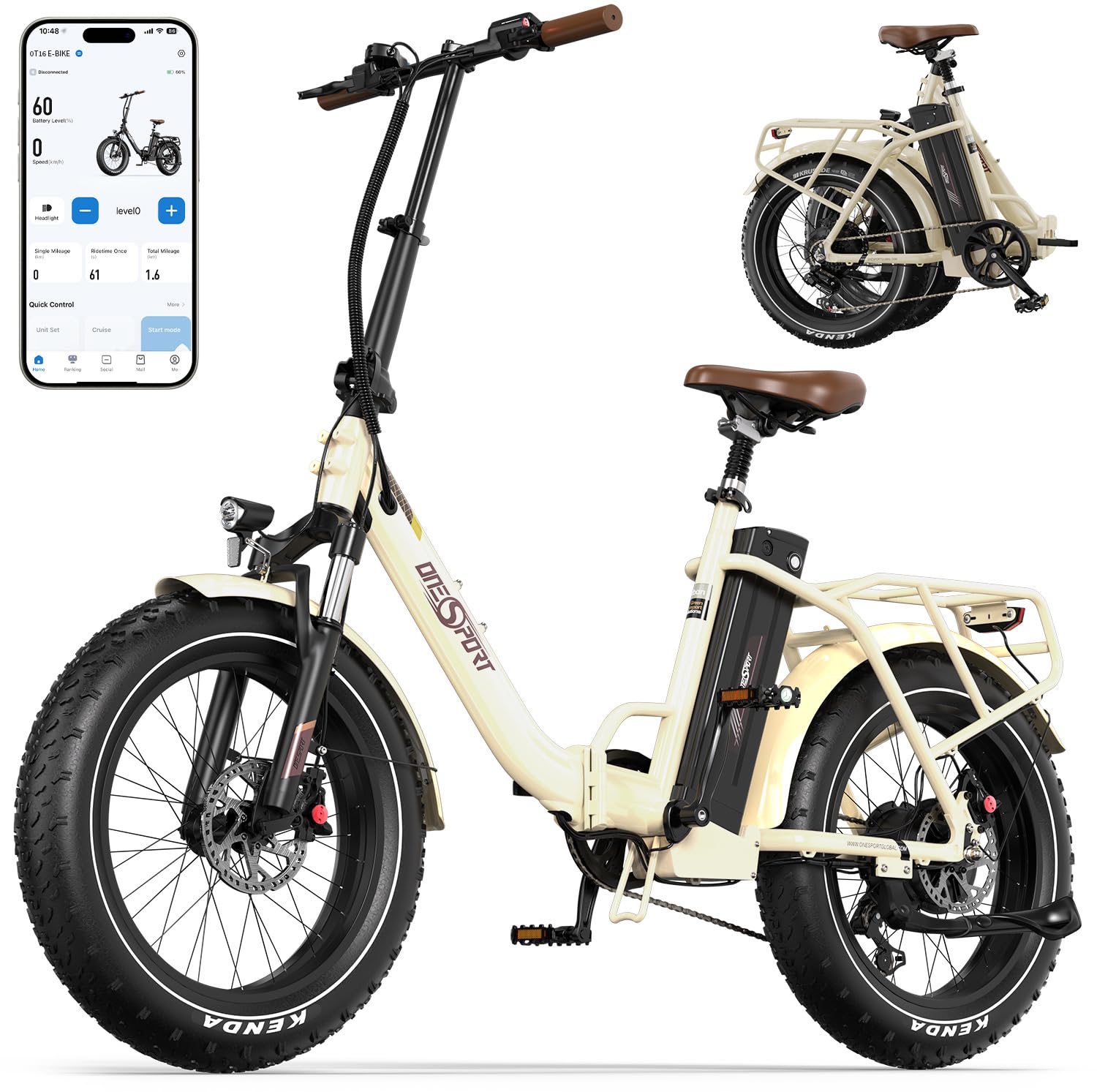 OneSport OT16 Max Vélo Électrique Pliant, 20 x 4" Fat Tire E Bike avec 48V 18AH Batterie Amovible Jusqu'à 120km & 250W Moteur, 7 Vitesses & Freins Hydrauliques, Bluetooth APP, Urban VTT Electrique