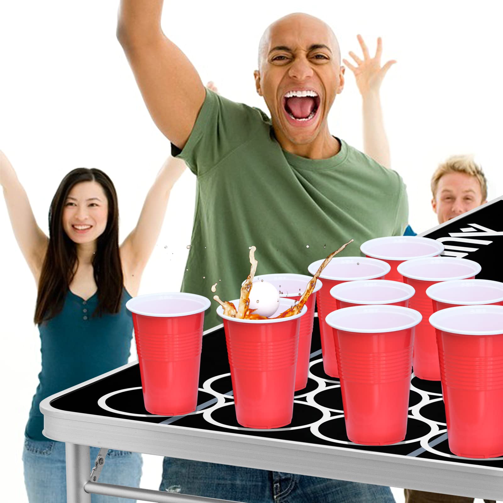 Aufun Set da Beer Pong con 100 bicchieri (50 rossi e 50 blu), 5 palline, tavolo da ping pong regolabile in altezza in alluminio e MDF, classico gioco per feste, nero
