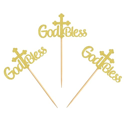 Ercadio Paquete de 36 adornos para cupcakes con purpurina cruzada para bautizo, decoraciones para fiestas religiosas cristianas, suministros dorados