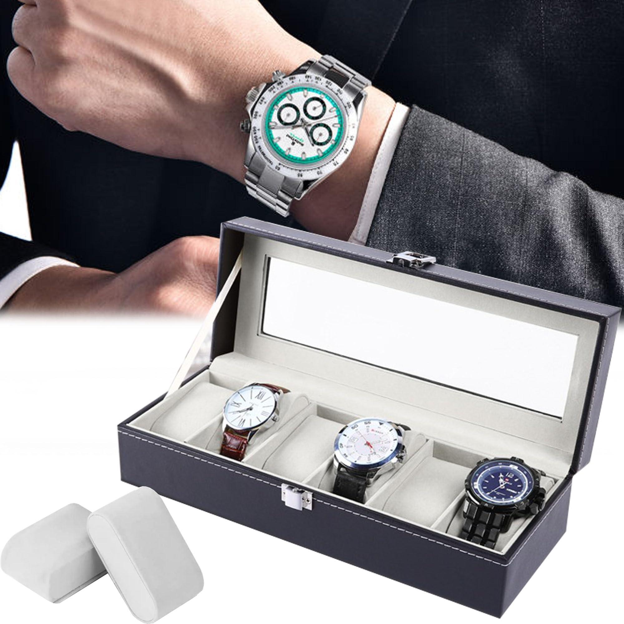 DIVUE Watch Box Organizer, 6 Slot Watches Storage Box Holder Organizer with Transparent Window, PU Leather Lockable Watch Case with Removable Watch Pillow (B0CCDZB489) Amazon Price History, Amazon Price Tracker