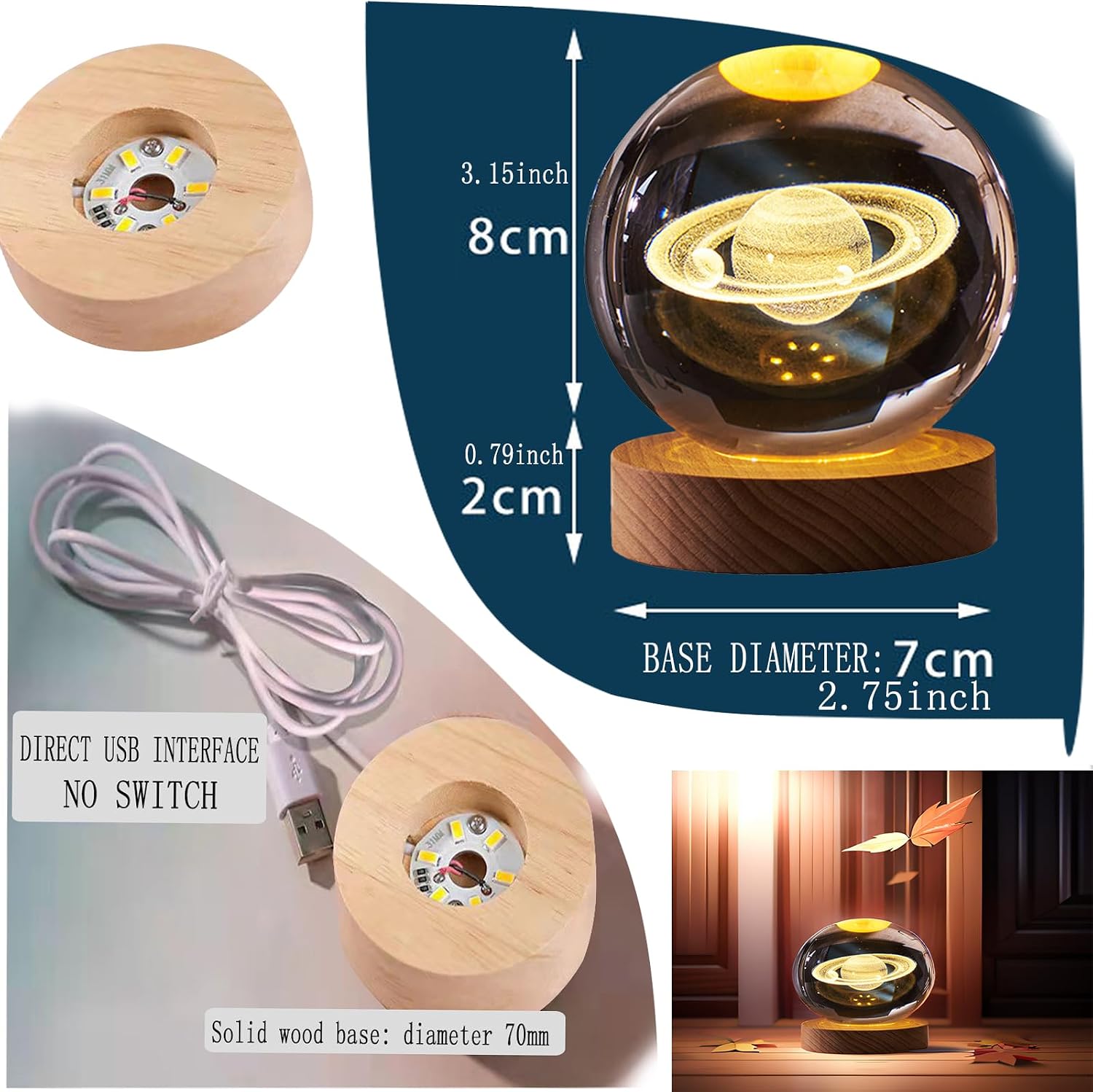 3D Saturn Crystal Ball Night Light with LED Wooden Base Saturn Planetary-Shaped Lamp Christmas Gifts for Teens Ideal as a Bedroom Night Light Decor (Diameter: 3.15") image 2