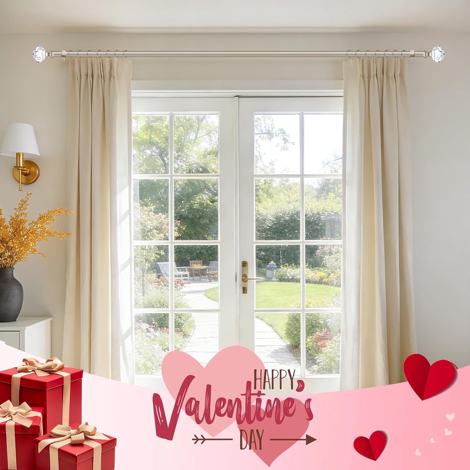 tonial curtain rods for windows 20 to 53 inch(1.6 to 4.4 ft), telescoping splicing 3/4 single rods 32 to 58 inch(2.6-4.8ft), christmas decorative rod with acrylic diamond finial, champagne gold champagne gold 32-58"