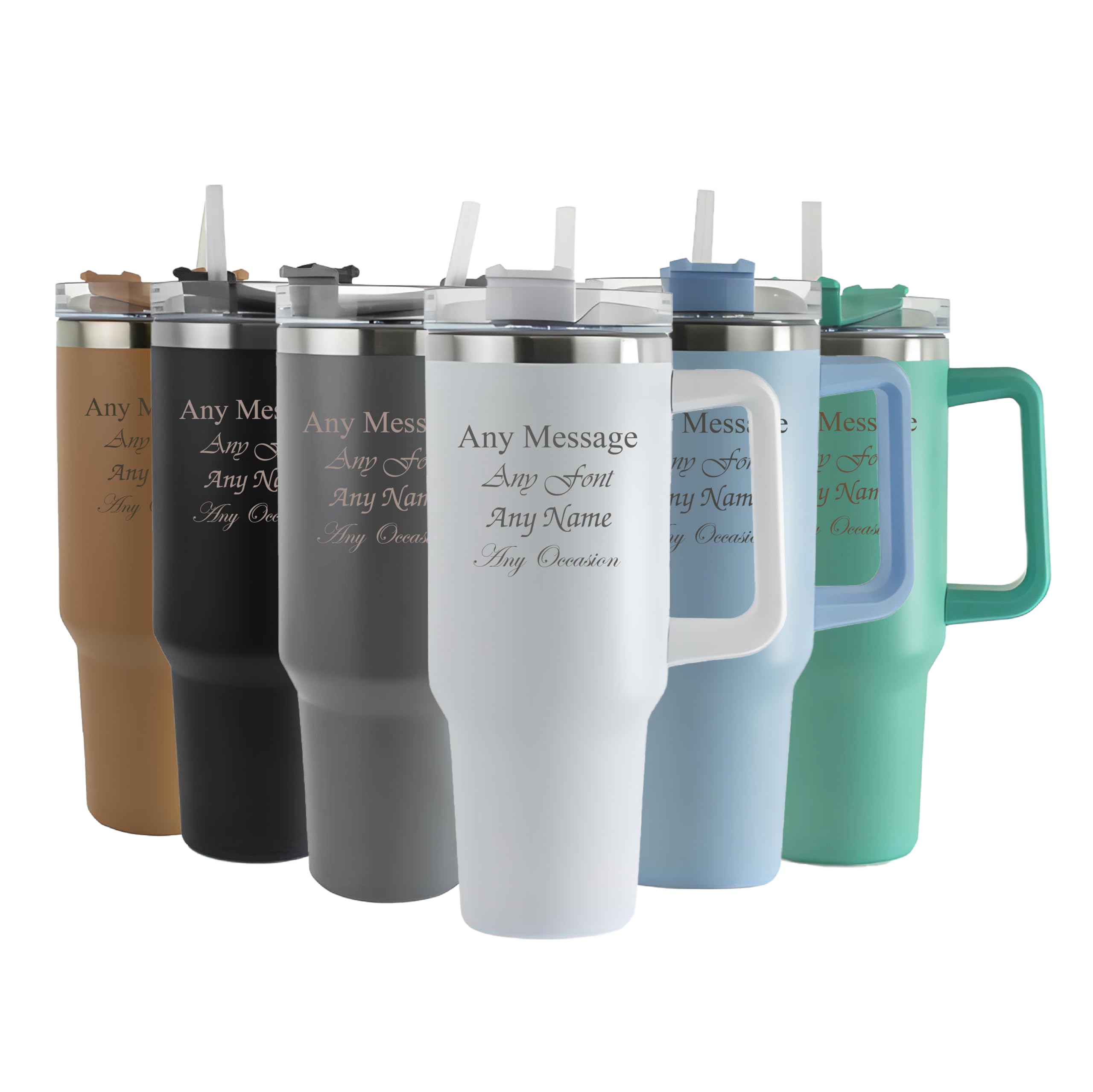 Personalised Engraved Thermal Tumbler, 40oz/1135ml Insulated Travel Cup, Large White Travel Coffee Mug, Customise with Any Message and Font, Stainless Steel, Straw and Handle