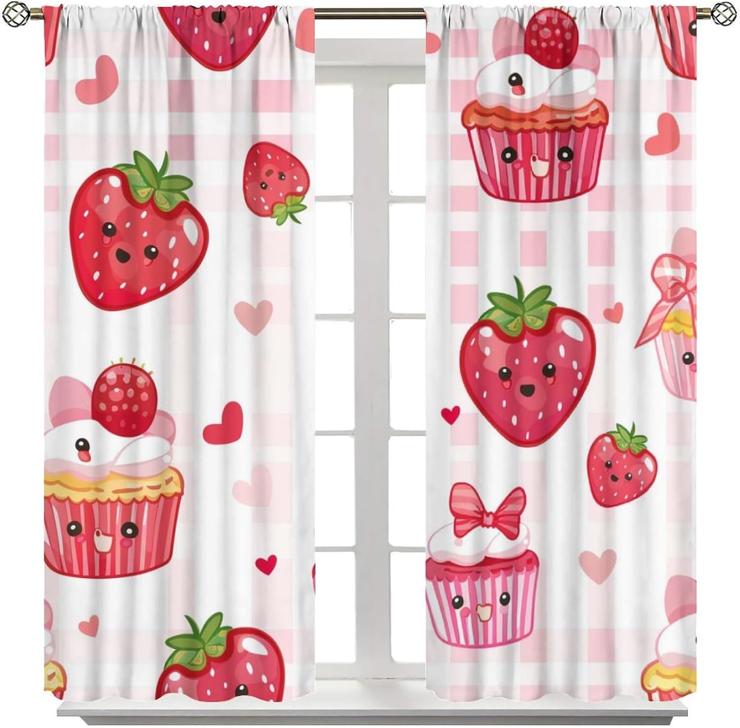 Cute Shortcake Blackout Curtains for Bedroom Living Room, Rod Pocket Strawberry Heart Gingham Curtains Thermal Insulated Window Drapes 2 Panels, Each 21W x 45L