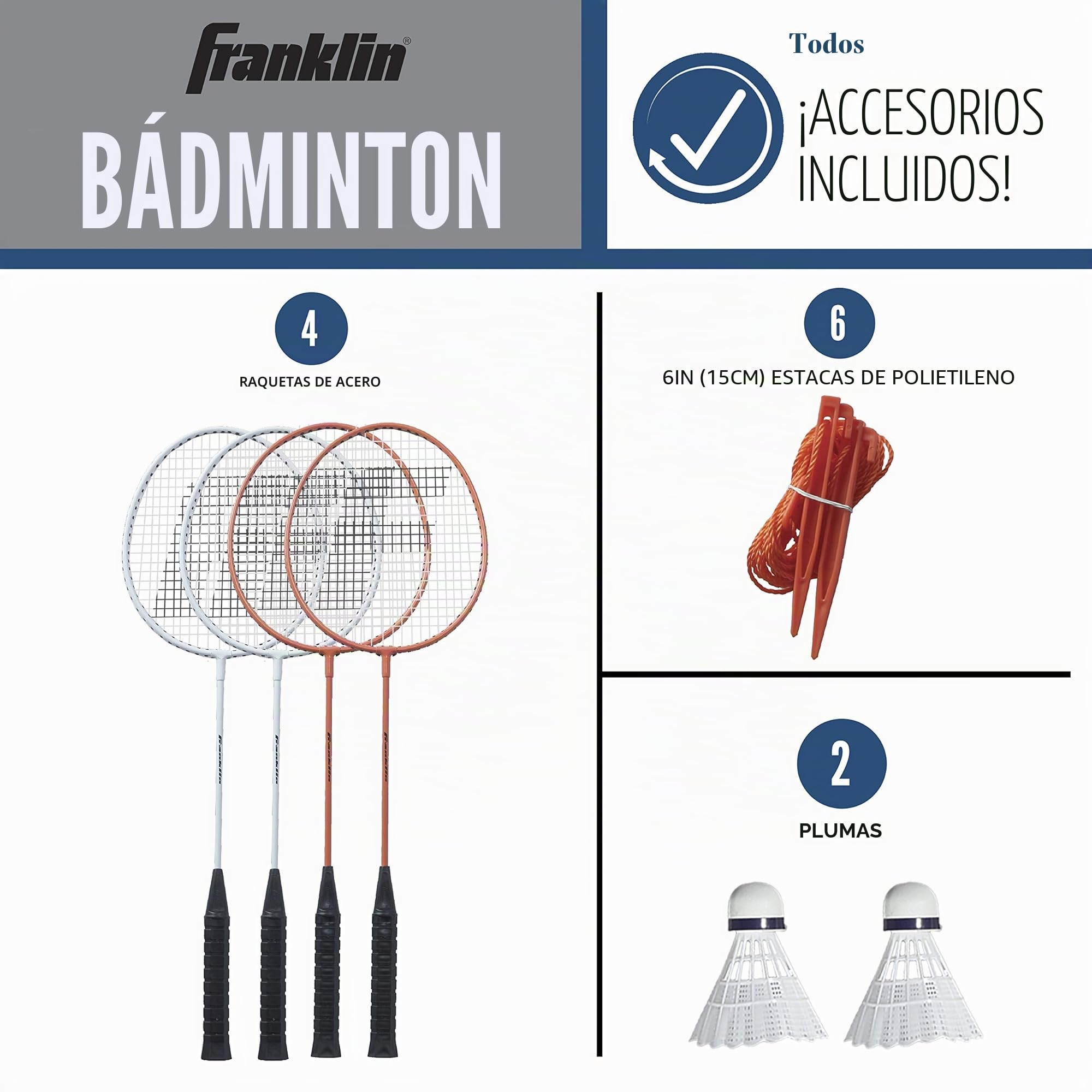 Franklin Sports Juego de Bádminton Exteriores Red Portátil 4 Raquetas 2 Volantes Adultos Niños