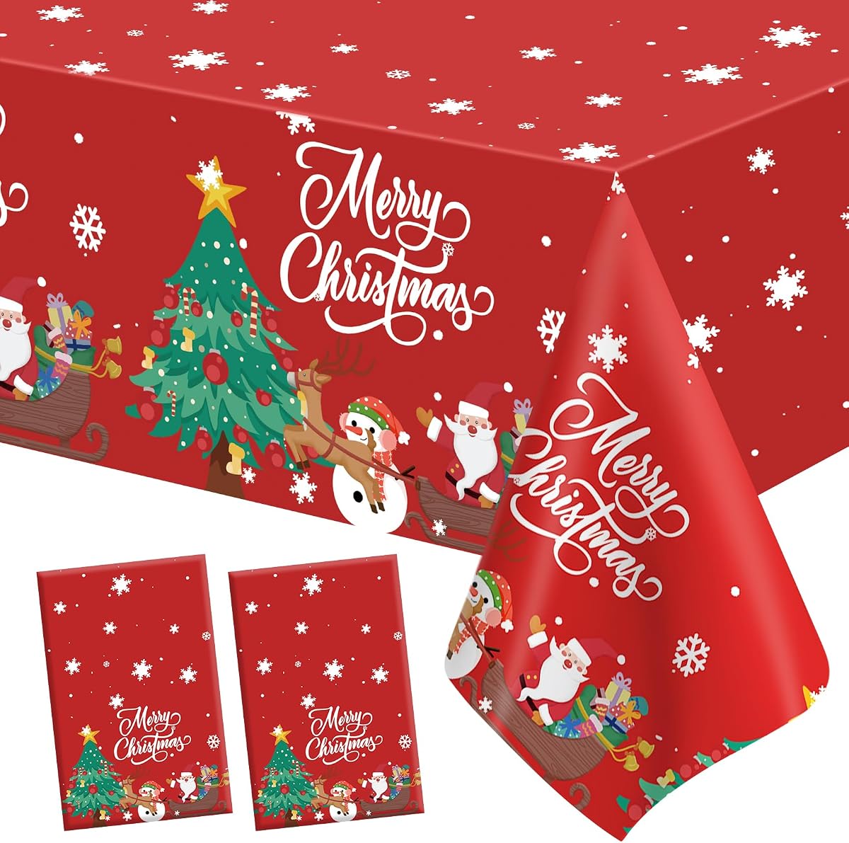 Christmas Tablecloth, 2PCS Disposable Red Plastic Tablecloth, 54 x 108 Inch Christmas Decorations Table Cloth, Xmas Tree Snowman Table Cover for Rectangle Tables for Xmas Holiday Party Favors Supplies