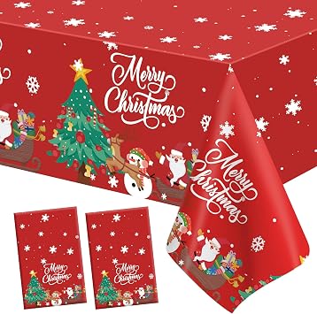Christmas Tablecloth, 2PCS Disposable Red Plastic Tablecloth, 54 x 108 Inch Christmas Decorations Table Cloth, Xmas Tree Snowman Table Cover for Rectangle Tables for Xmas Holiday Party Favors Supplies