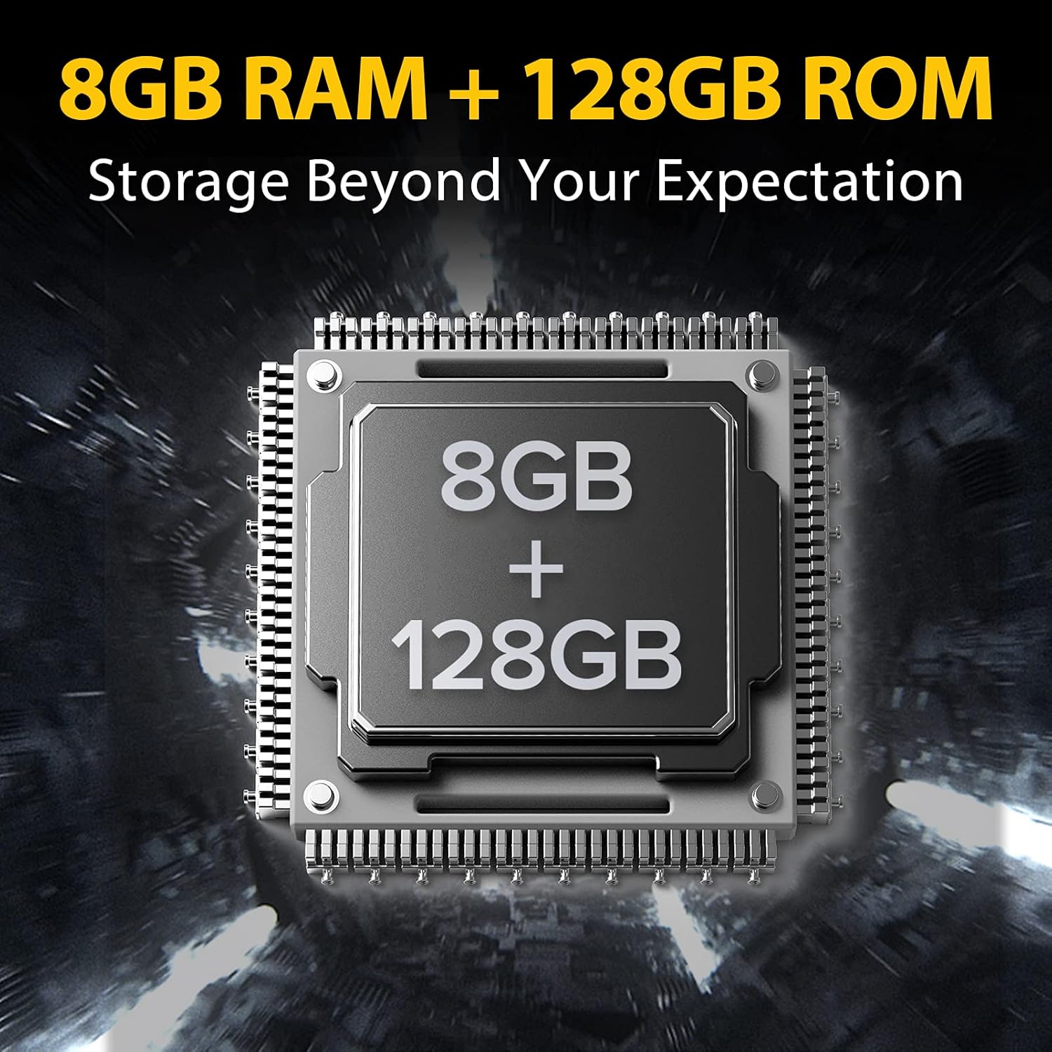Diagram showing 8GB RAM and 128GB ROM chips on a circuit board