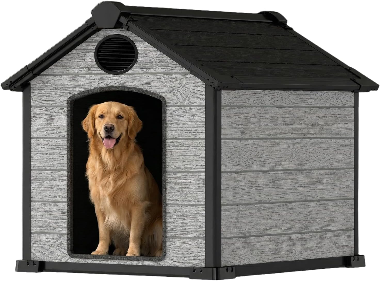 EHHLY 46" Extra Large Dog House Outdoor, 3XL Dog House Waterproof with Elevated Floor, Durable Resin Plastic Dog House for Big Dogs Outside,46Lx40Wx40H,Cemented Grey