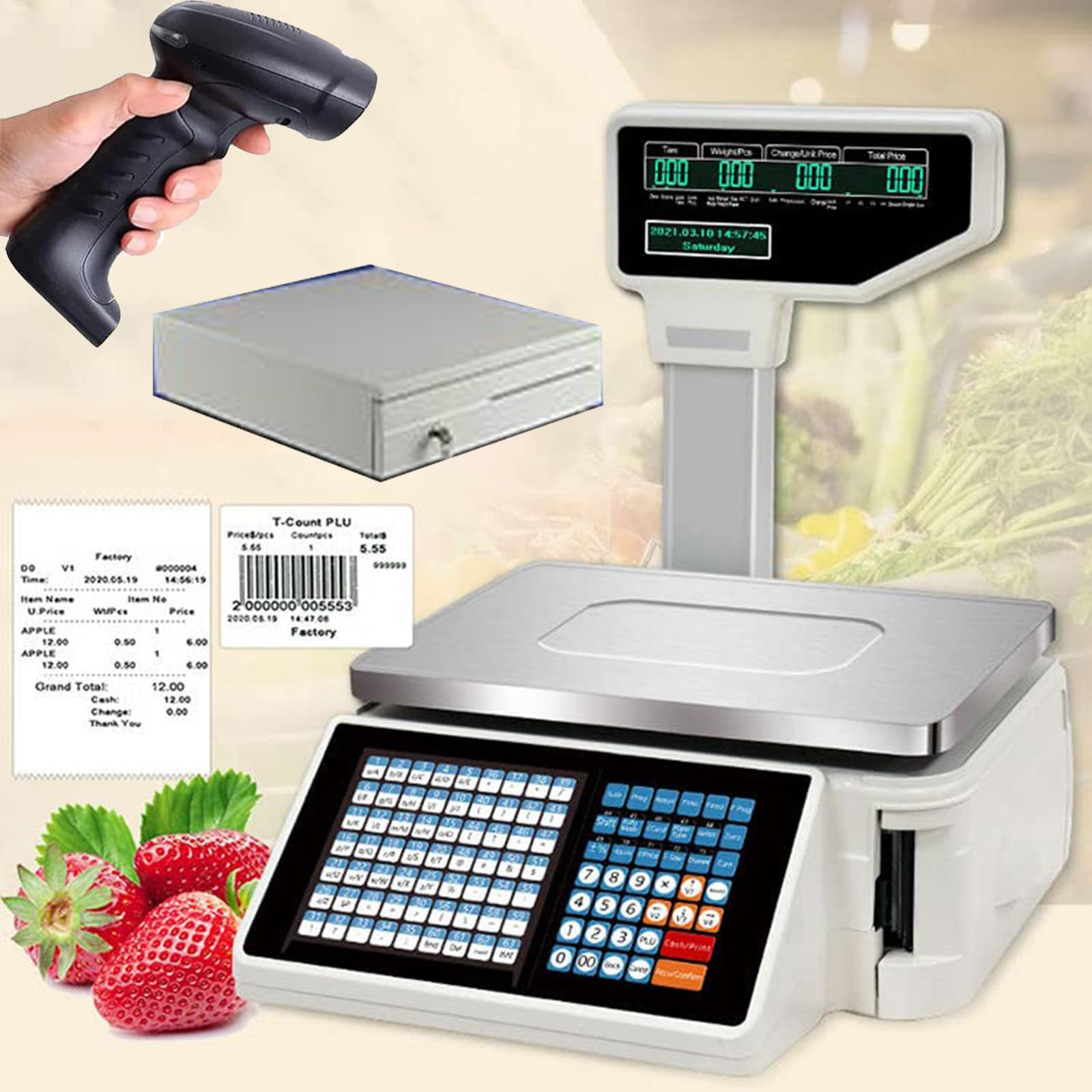 MYUYEE Price Computing Scale With Dual Display,Cash Register,Label Printing, Scanner,30Kg Digital Scales For Supermarket/Retail (A+Scanner+Cashbox)