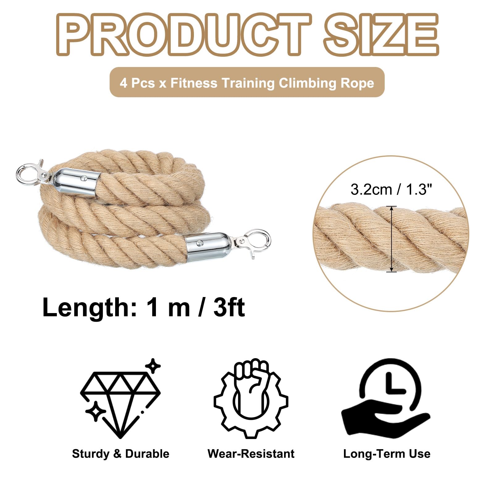 QUARKZMAN 4Pcs Jute Stanchion Rope 3ft x 1.3 Inch Avec Mousquetons