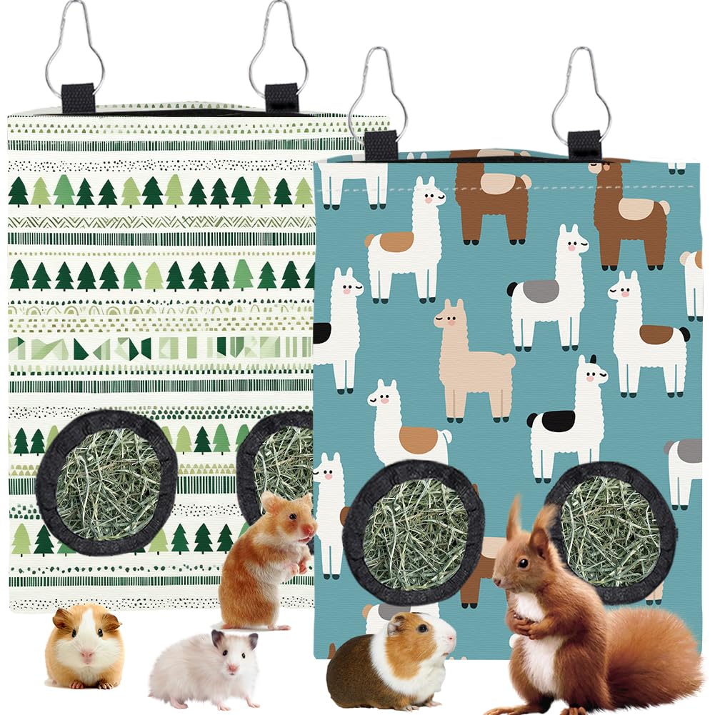 PRESSINART 2Pcs 2 Styles Rabbit Hay Feeder Bags Guinea Pig Hay Bag with 2 Holes Tree Alpaca Pattern Oxford Cloth Washable Rectangle Feeding Storage for Small Animal Chinchillas Hamster 12 x 9 Inch — image 1