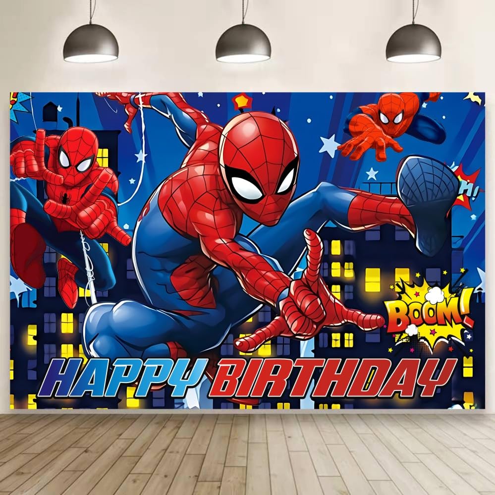 Spider Birthday Party Decorations, 5x3ft Happy Birthday Back Drop Banner Theme Backdrop Banner for Party Decorations Indoor Outdoor.