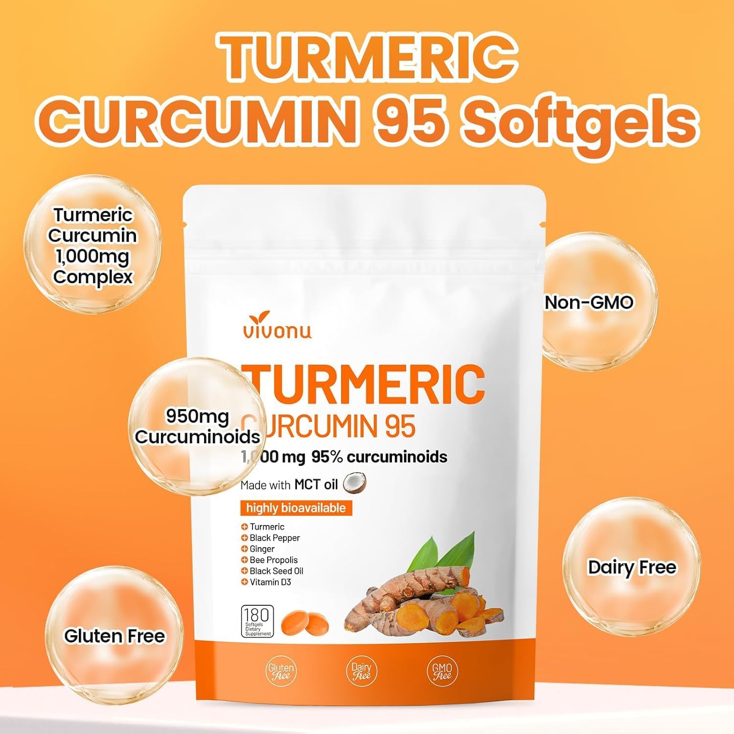 10-in-1 Turmeric Supplement Softgels, 95% Curcumin for 1000mg, Made Mct Oil, 60-Day Supply with Black Pepper, Ginger, Propolis Powder, Black Seed Oil, Saw Palmetto Oil, Zinc, Vitamin D3, E & More - Image 4