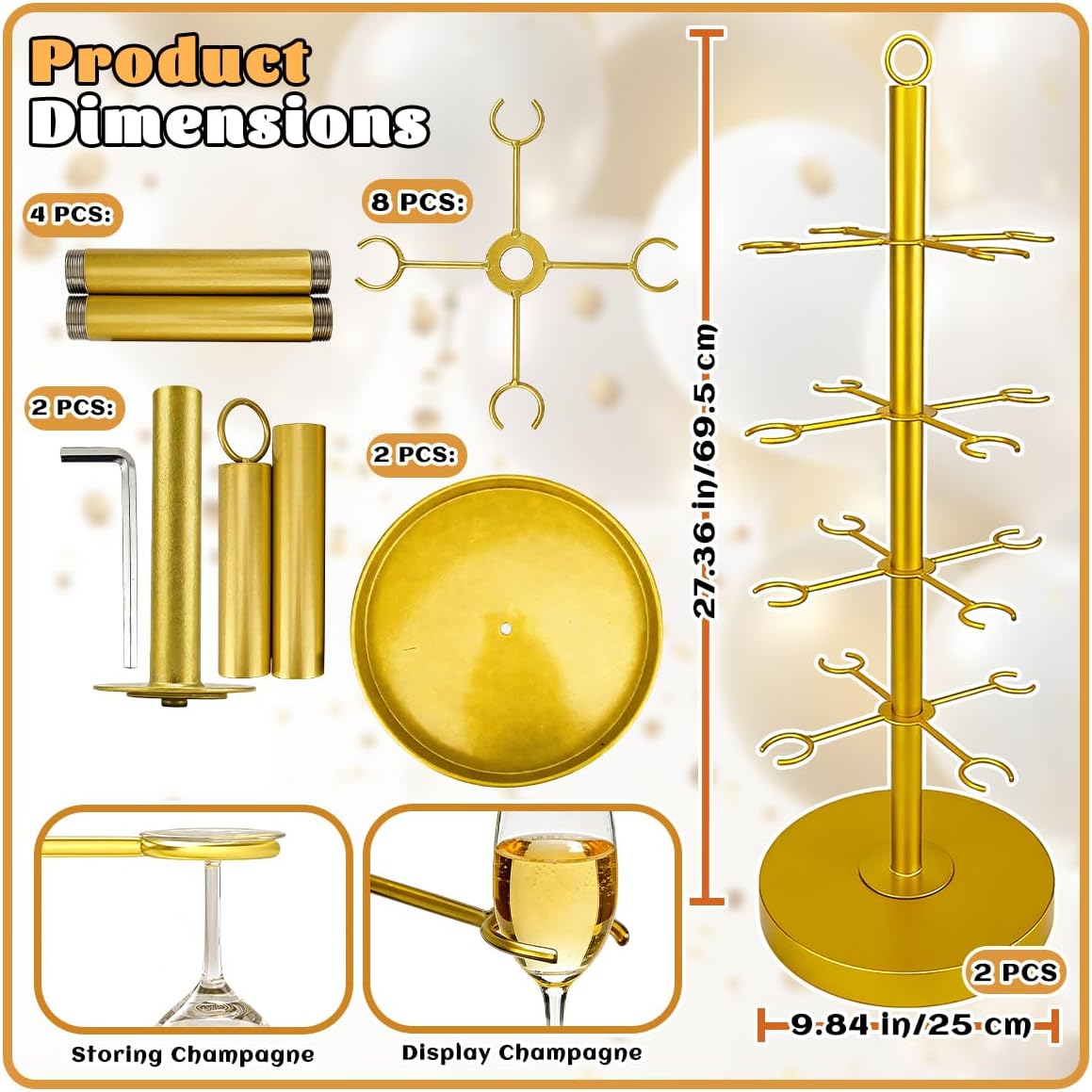 2Pcs Cocktail Tree Stand Metal 4 Tier 16 Holders Champagne Flute Holder Gold Cocktail Tree Stand for Drinks Martini Tree Stand for Weddings, Parties, Events, Birthday Celebrations, Bars Pubs