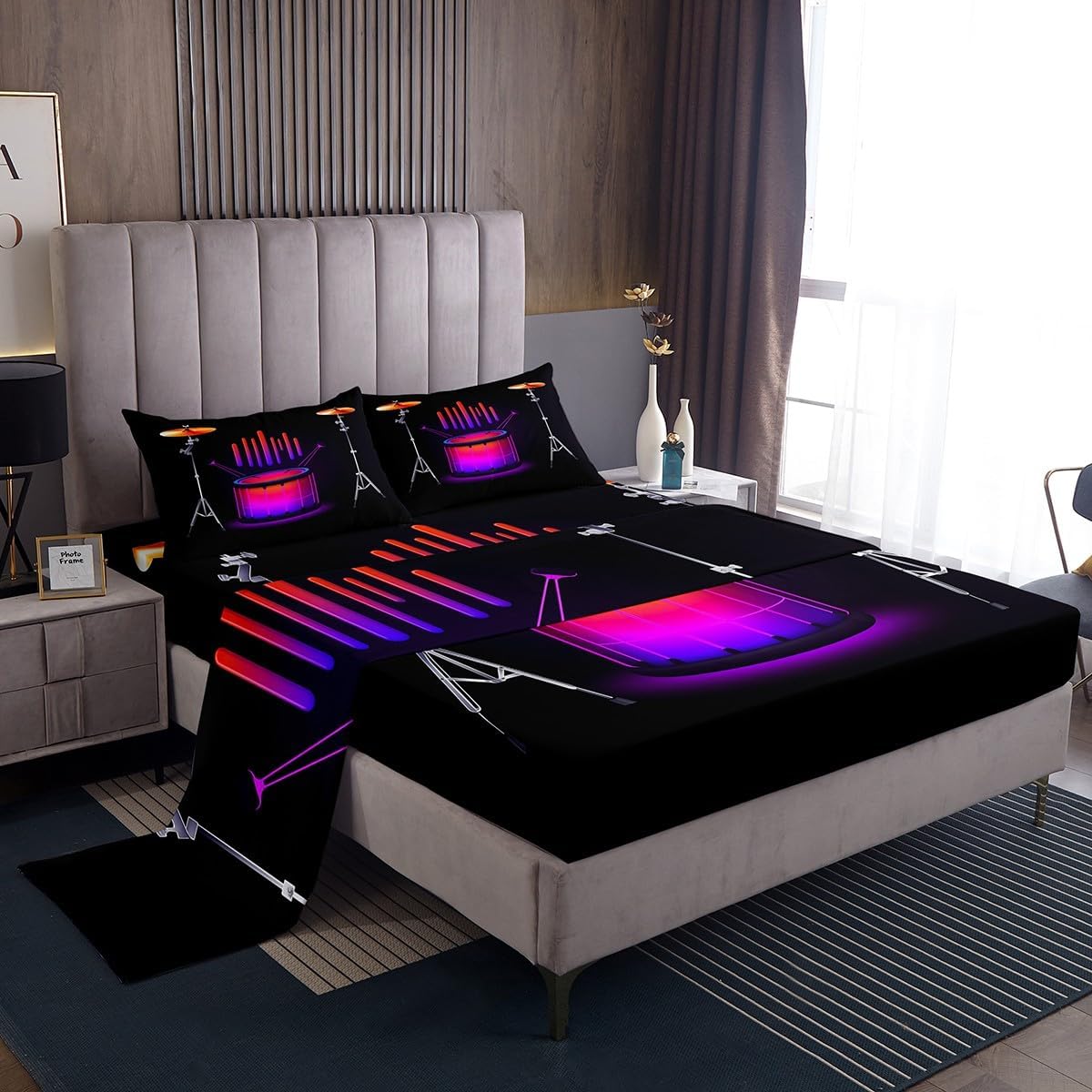 Erosebridal Neon Drum Kit Bed Sheets Queen Size Abstract Musical Instruments Sheet Set for Kids Boys Teens Adults Pop Music Bedding Set, Modern Rock Musical Flat Fitted Sheet image 2