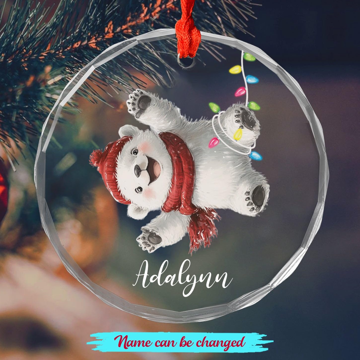 Polar Bear Glass Ornament 2025, Personalized Polar Bear Xmas Hat Ornament Gift for Grandkids Friends Family, Custom Name Polar Bear Ornament, Polar Bear Glass Ornament, Polar Bear Christmas Ornament